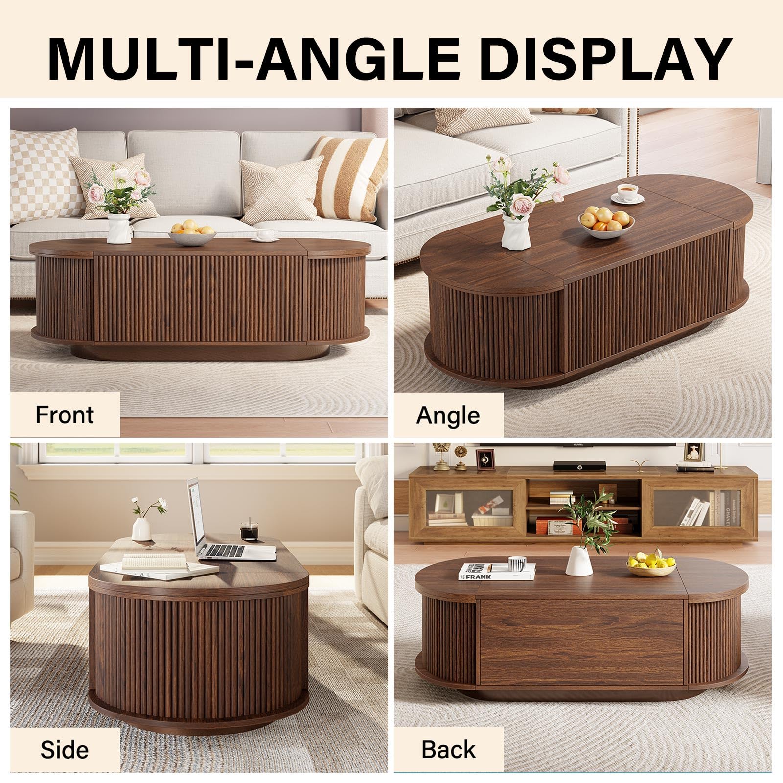 Oval Fluted Coffee Table with Flip-Top Storage