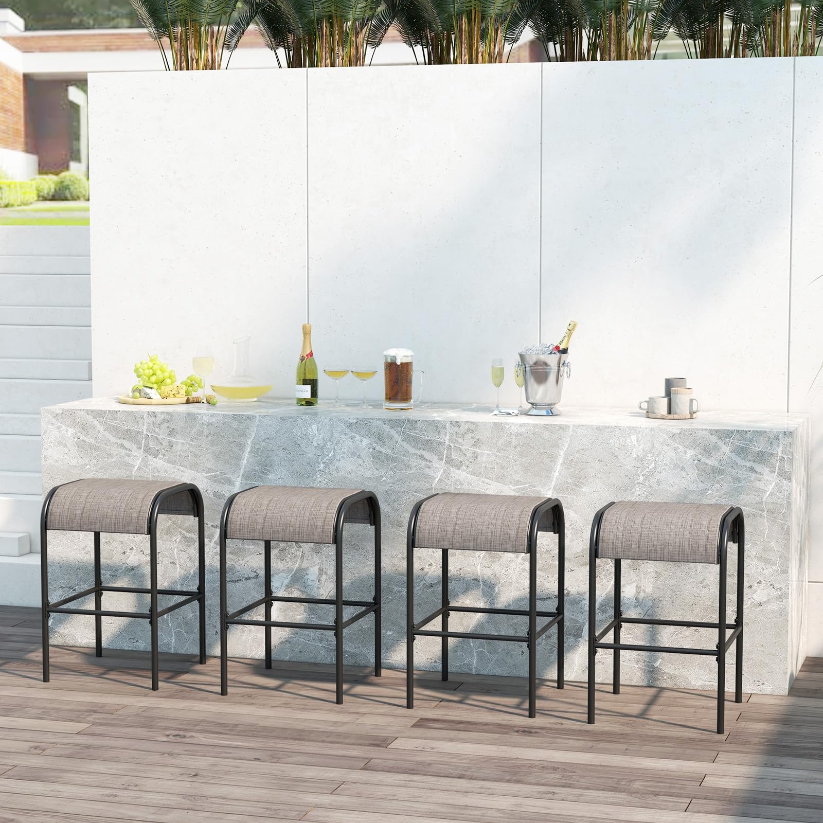 Outdoor Bar Stools with Breathable Fabric Seat & Metal Frame