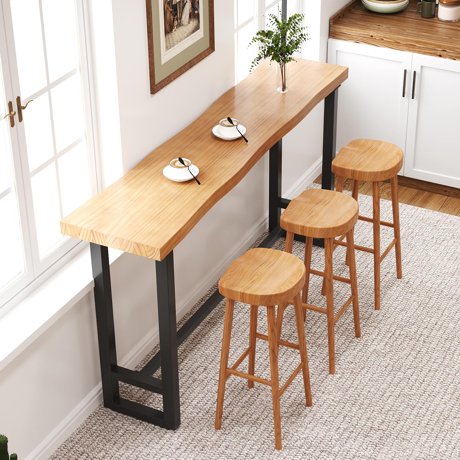 quanzhoulong 47in Solid Wood Live Edge Bar Table - Bar Height Pub Table with Built-in Footrest, Solid Wood Top & Sturdy Metal Legs for Kitchen, Dining & Bistro Spaces