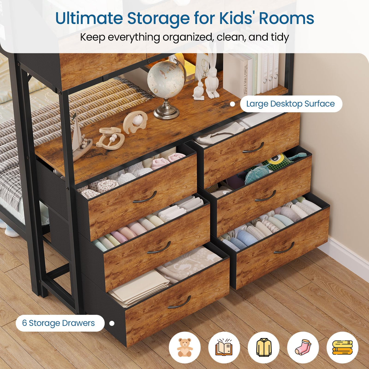 Twin Bunk Bed with Storage & LED Lights