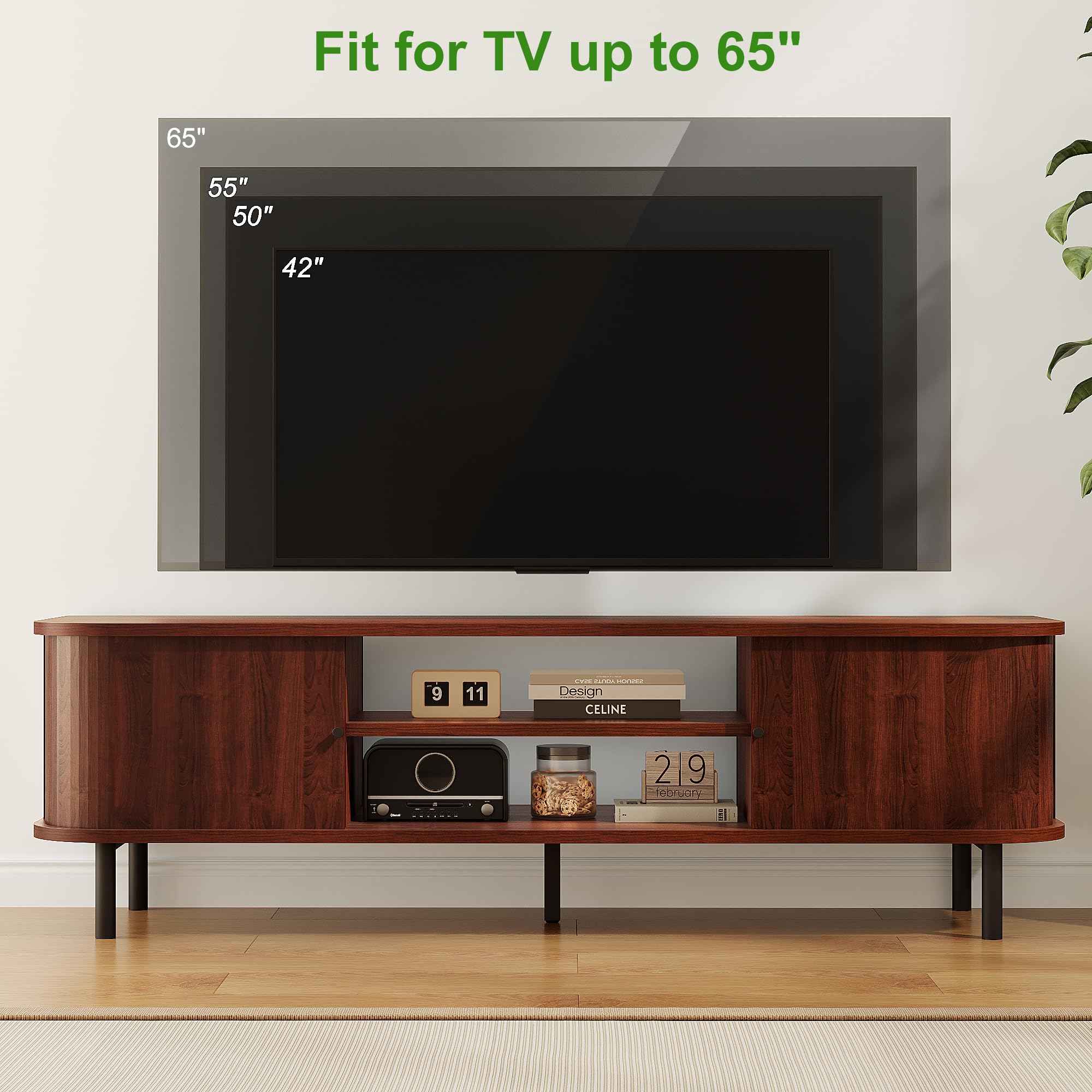Mid-Century TV Stand with Sliding Doors & Hidden Storage