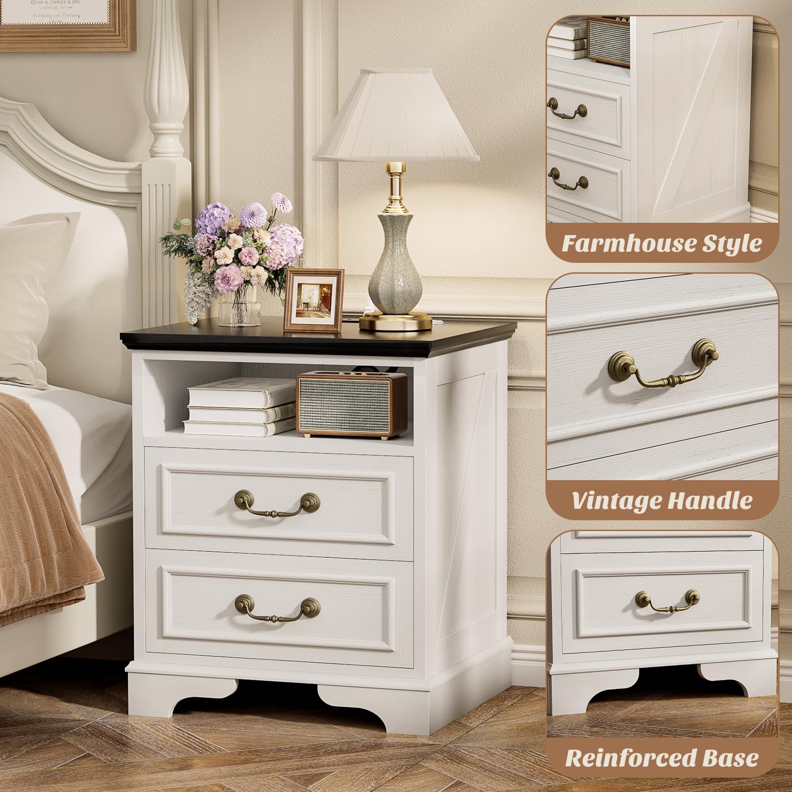 Unikito Farmhouse Nightstand with Charging Station, Bedside Table with 2 Large Drawers & Vintage Handles, Side Table with Open Storage for Bedroom (Antique White)