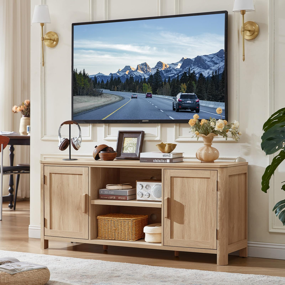 Joaxswe Farmhouse 55" Natural Oak Tv Stand, Tv Consoles for Living Room