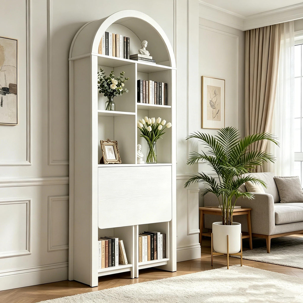 FNK Folding Arched Bookshelf Narrow Bookcase with Hideaway Craft Desk