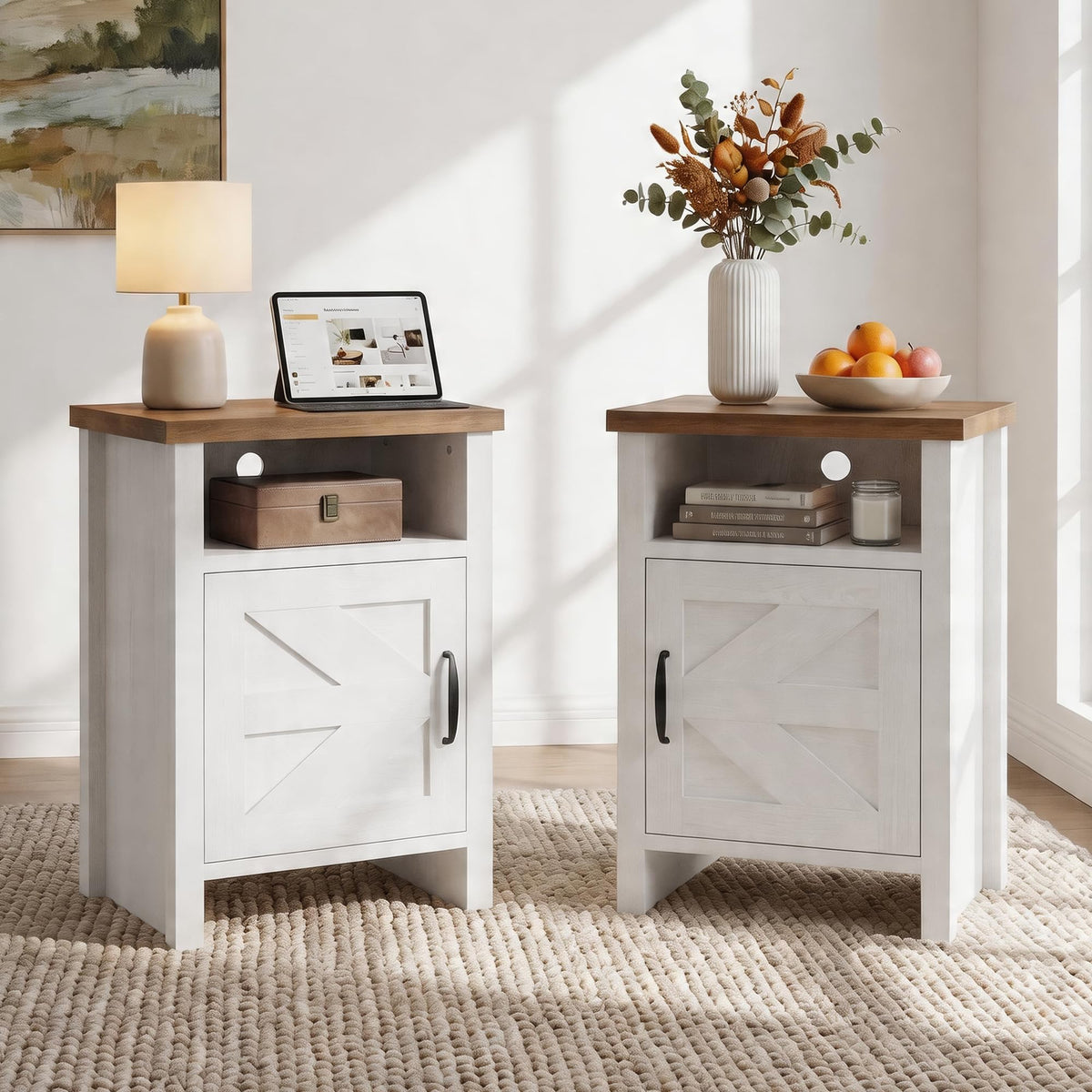 YESHOMY Farmhouse Nightstand Set of 2, Rustic End Table, White