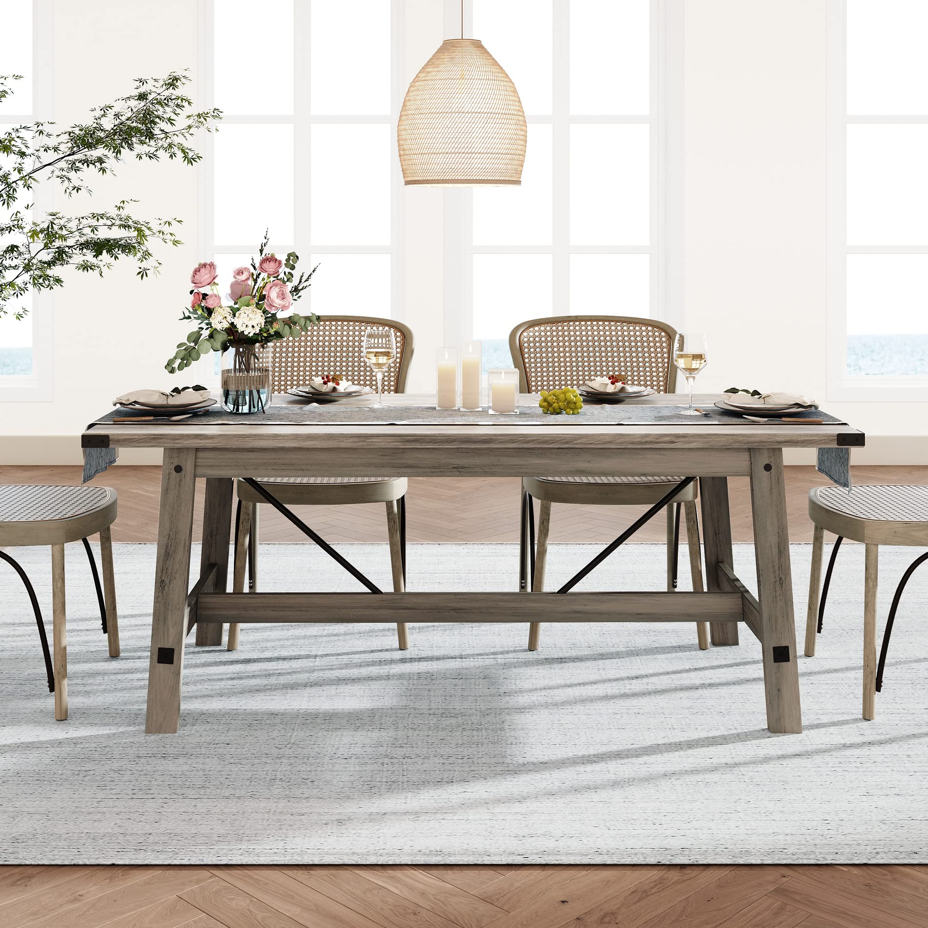 WAMPAT Set of 2 Farmhouse Dining Tables for 8-12 Persons with Heavy Duty Wooden Legs, 135.4 Inch Rectangular Modern Wood Kitchen Table for Dining Room & Living Room, Rustic Grey
