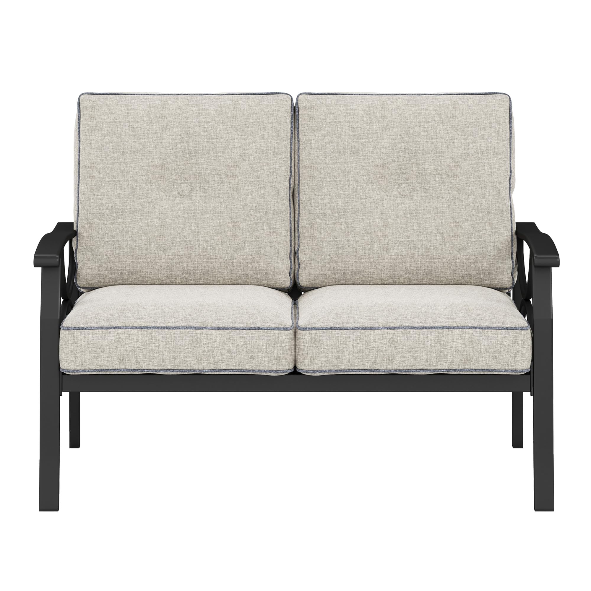 Outdoor Patio Loveseat with Cushions, Black Steel Frame