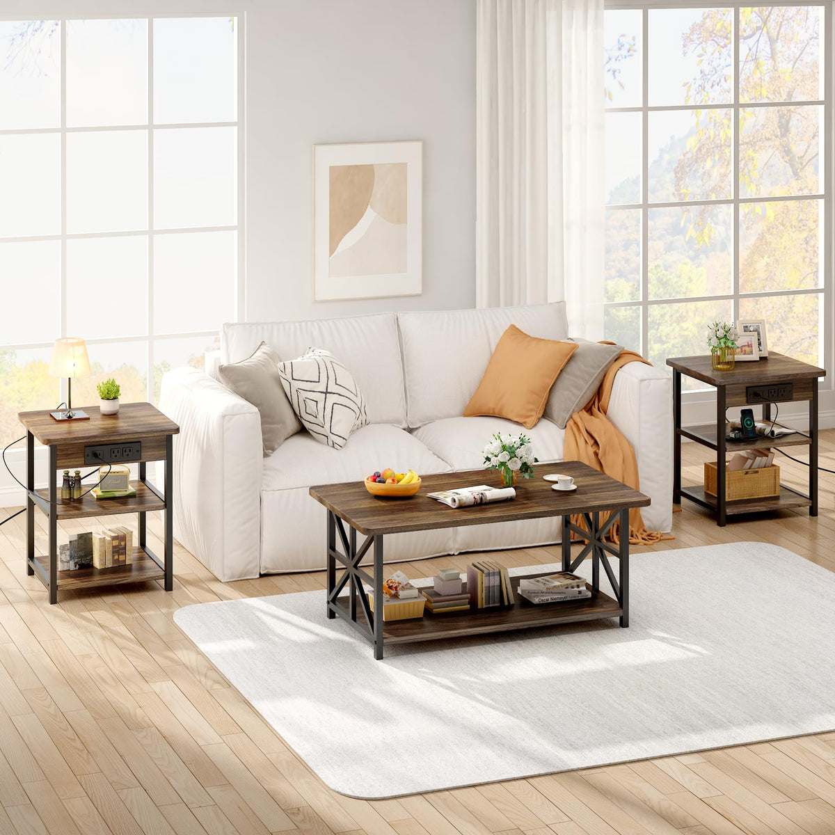 AWQM 3 Piece Coffee Table Set,End Table with Charging Station(Walnut)