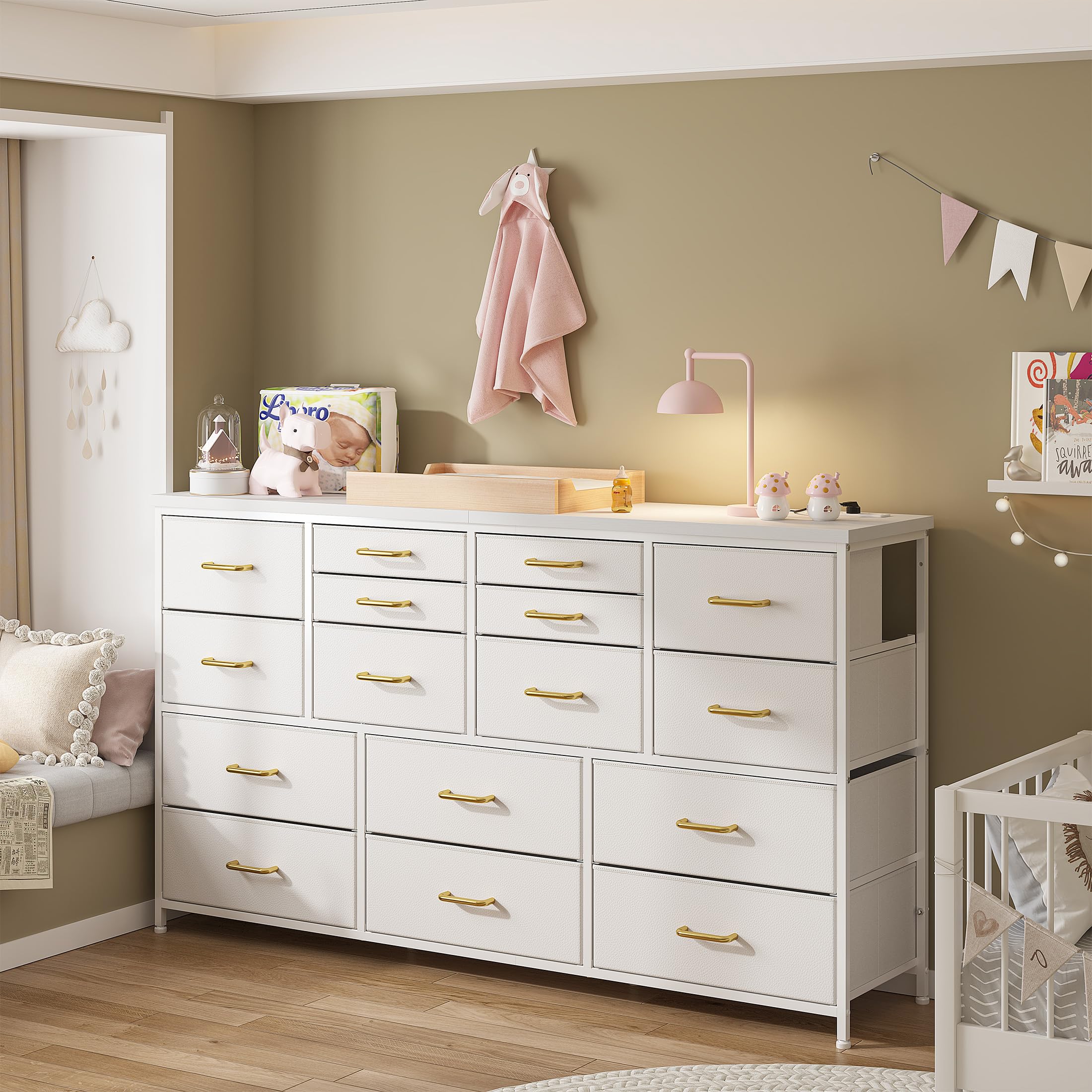 EnHomee Dressser for Bedroom Dresser with 16 Drawers TV Stand for Bedroom for 60" TV Long Dressers & Chests of Drawers Large Dresser with Charging Station, White
