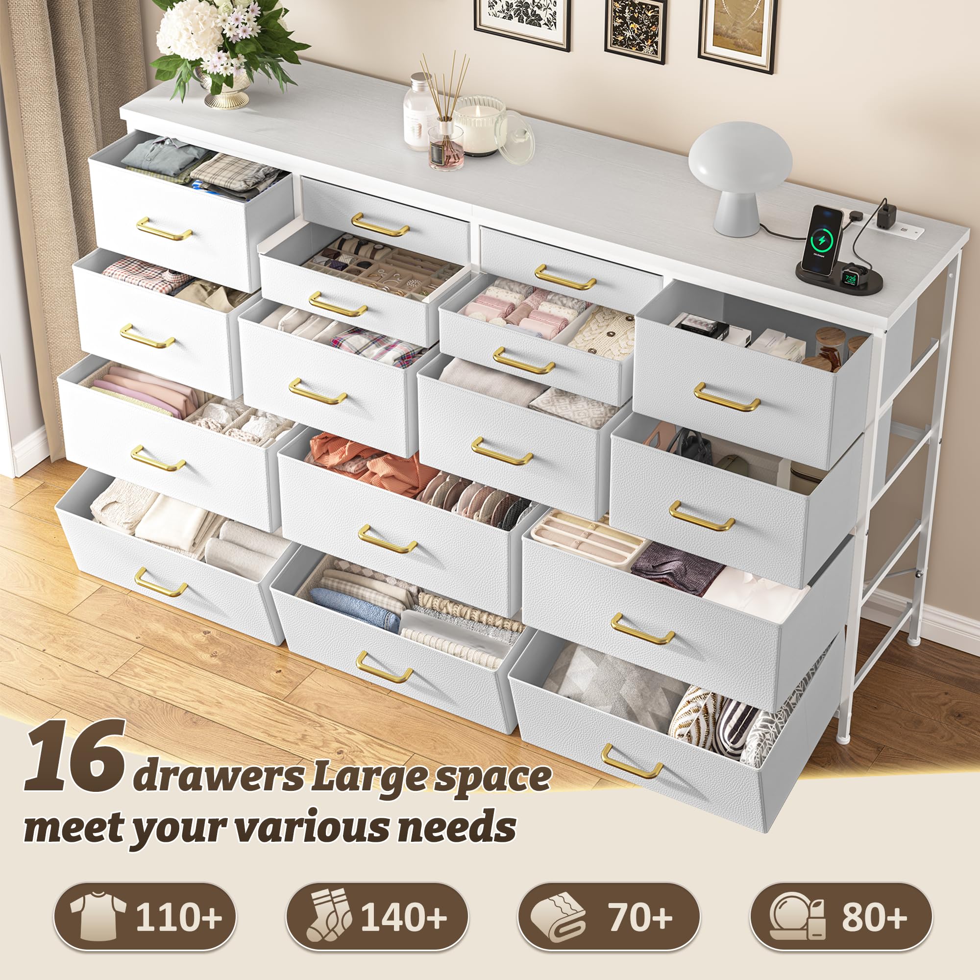EnHomee Dressser for Bedroom Dresser with 16 Drawers TV Stand for Bedroom for 60" TV Long Dressers & Chests of Drawers Large Dresser with Charging Station, White