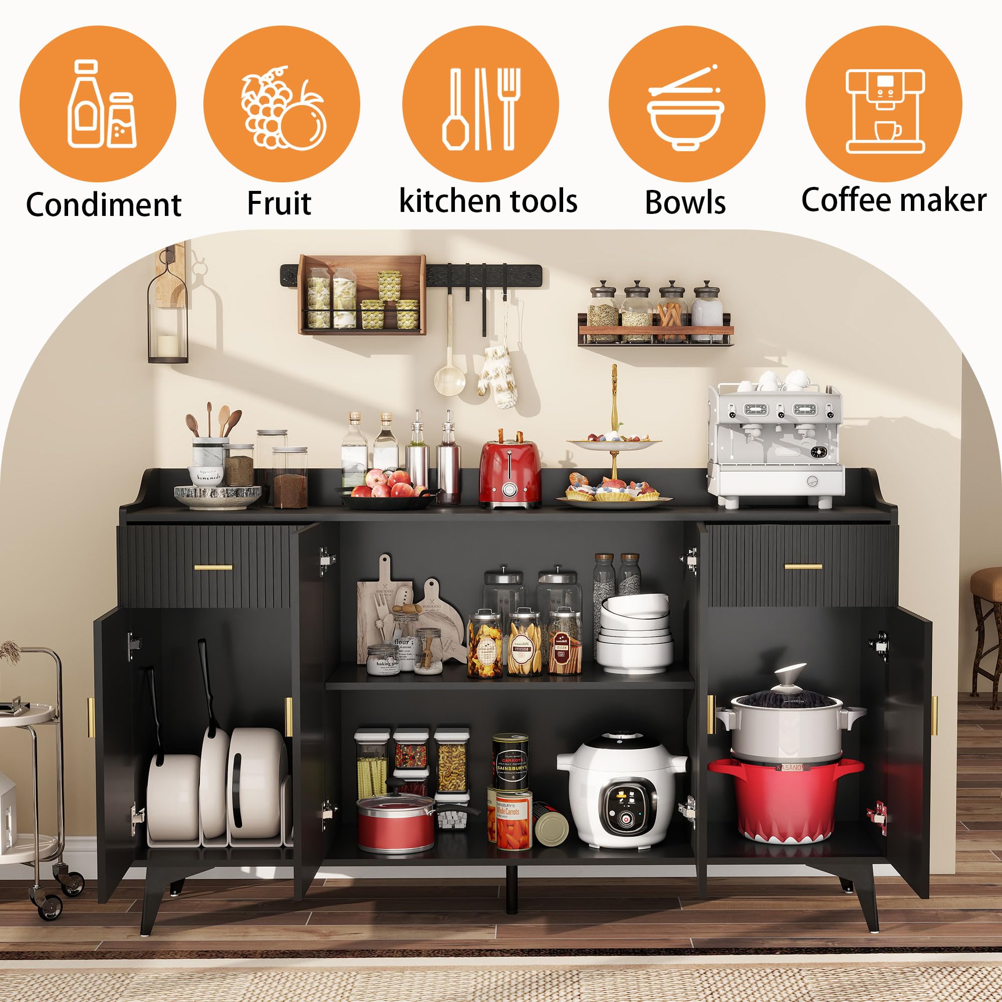 Black Fluted Sideboard Buffet Cabinet with Storage