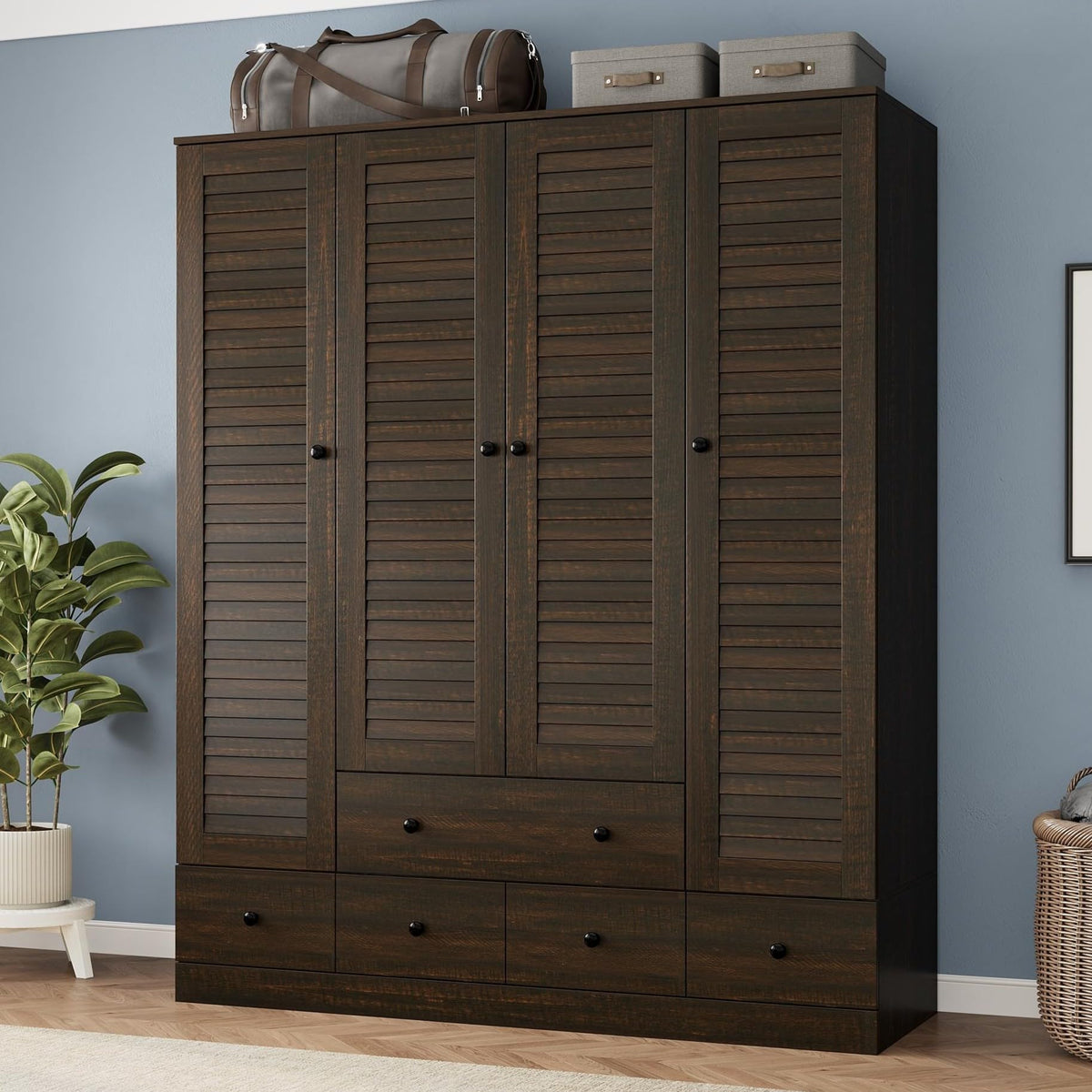Brown Louvered Wardrobe with Drawers