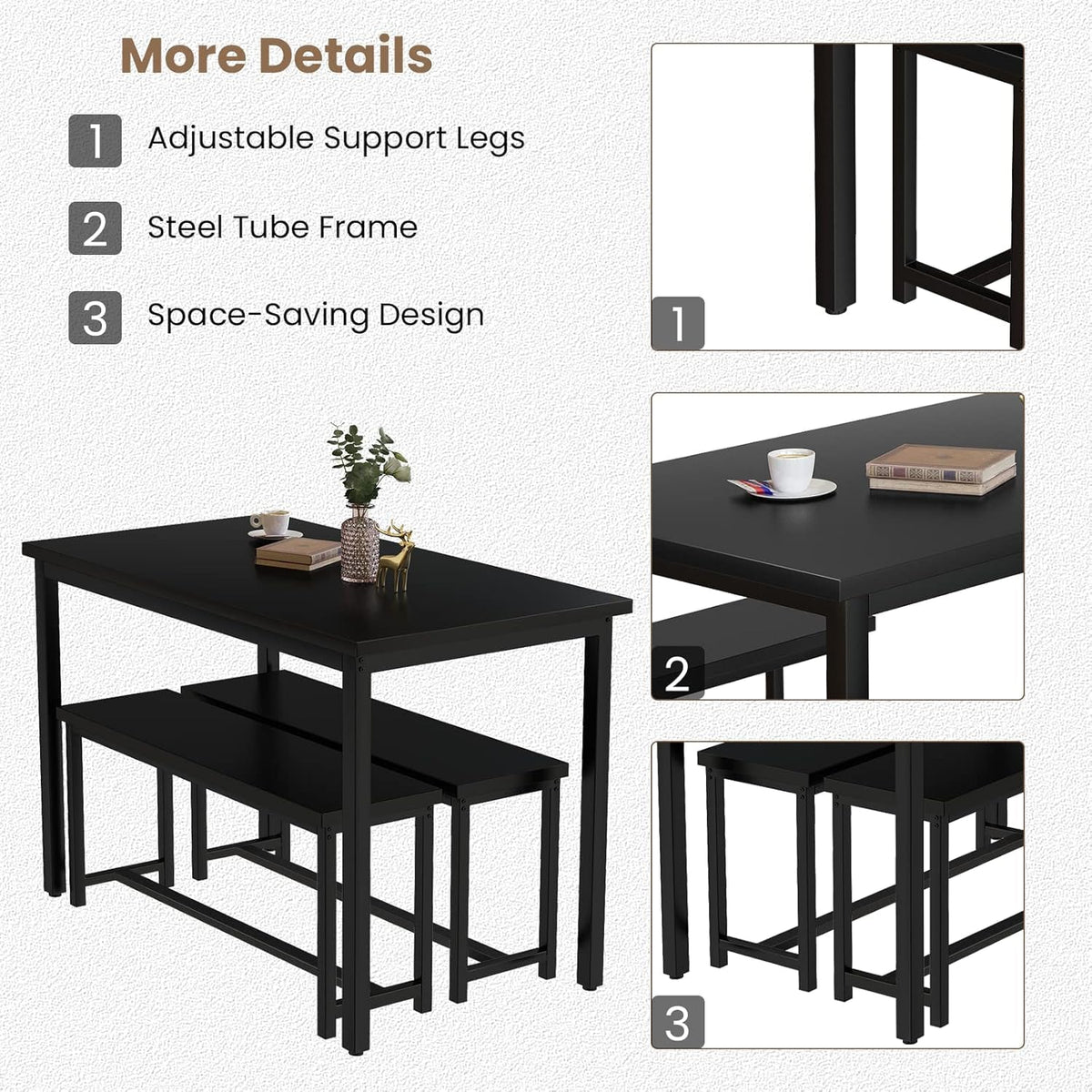 Recaceik 47" Black Dining Table Set for 4, 3-Piece Kitchen Set