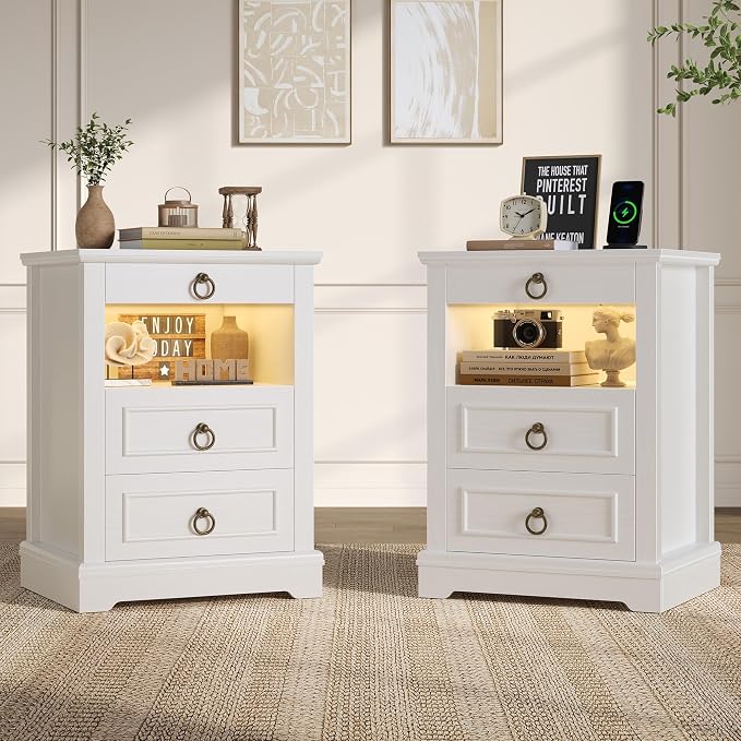Black LED Nightstand Set of 2 with Charging Station