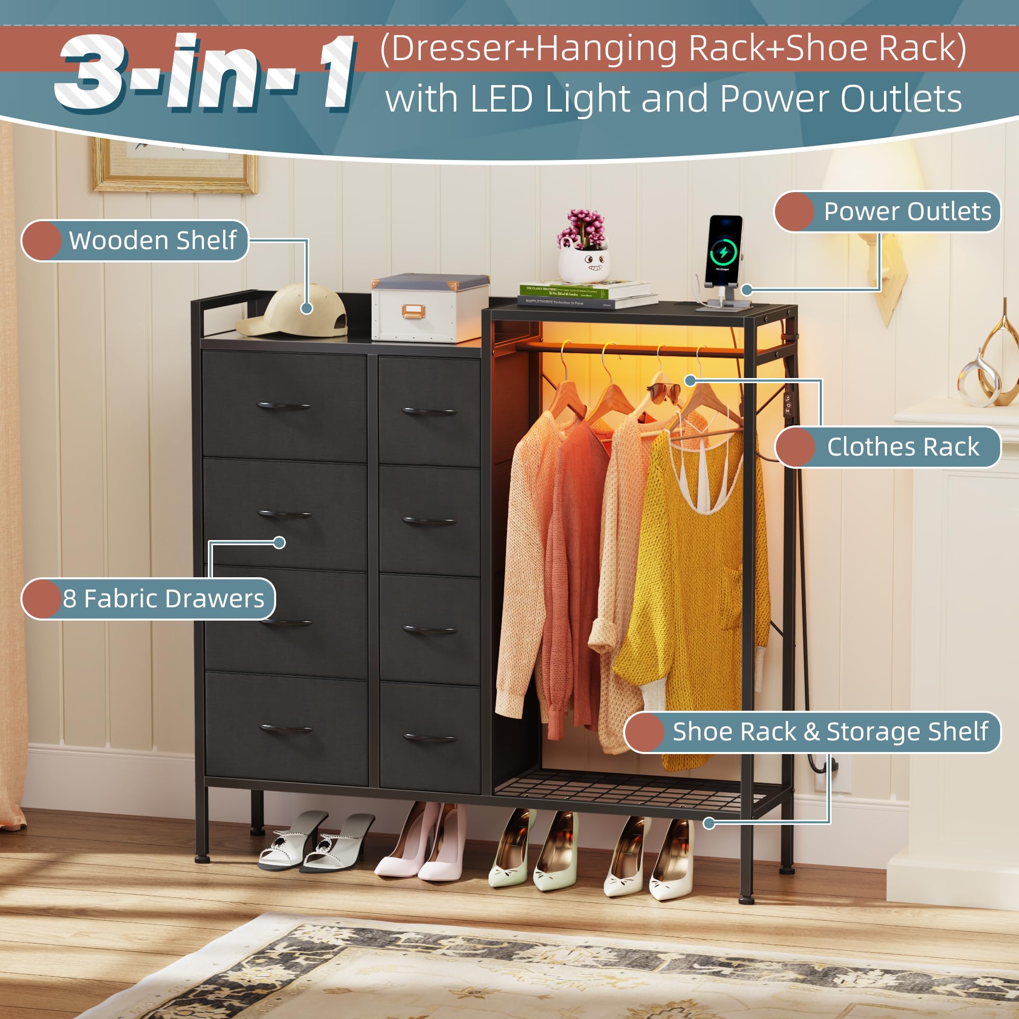 HIGDBFE Dresser with Hanging Rack, 8-Drawer Dresser for Bedroom with Charging Station & LED Lights, Fabric Dressers with Shoe Rack, Chest of Drawers with Wooden Top for Bedroom, Black, 11.8" D