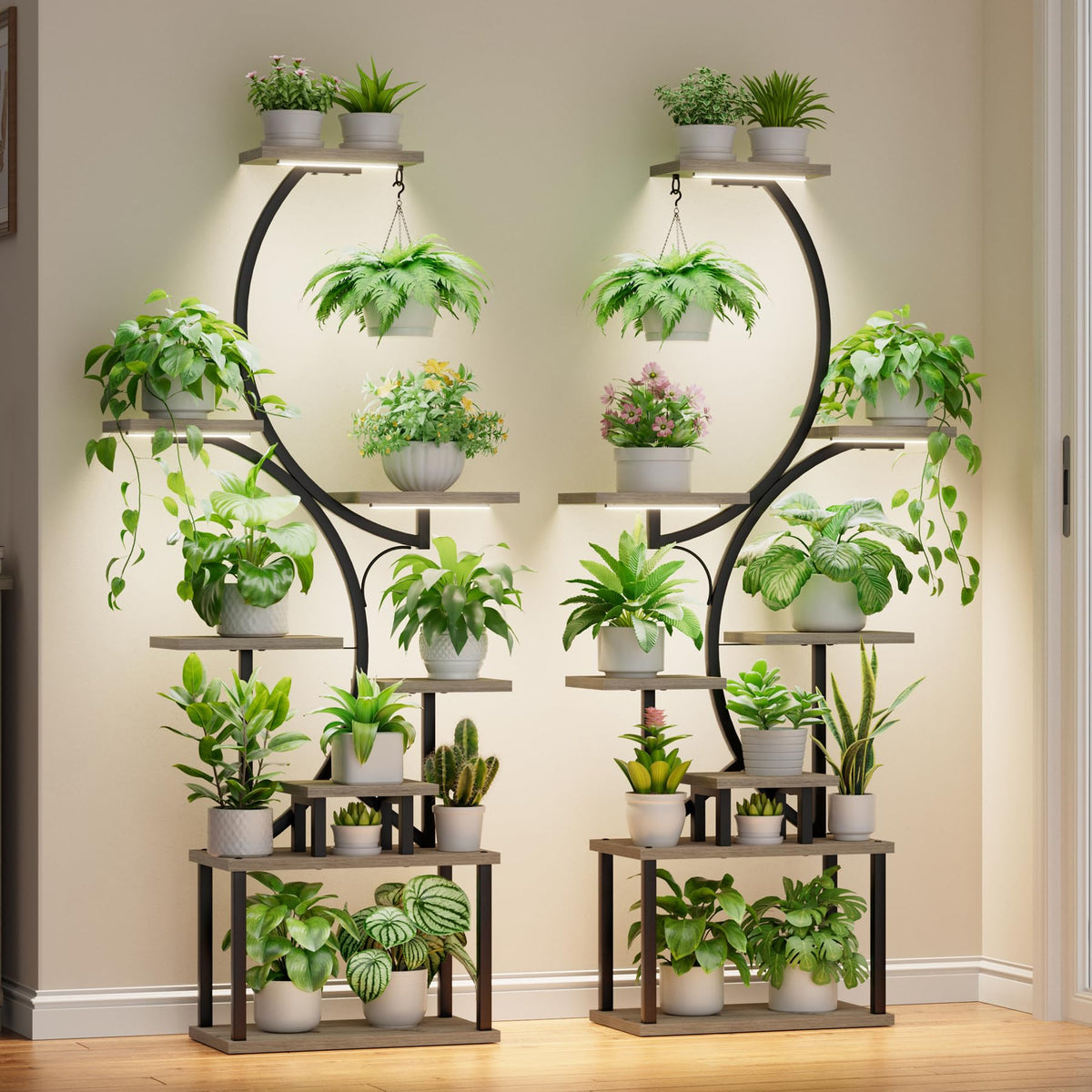 Plant Stand Indoor with Grow Light - 2 Pack Tall Large Lighted Plant Shelf