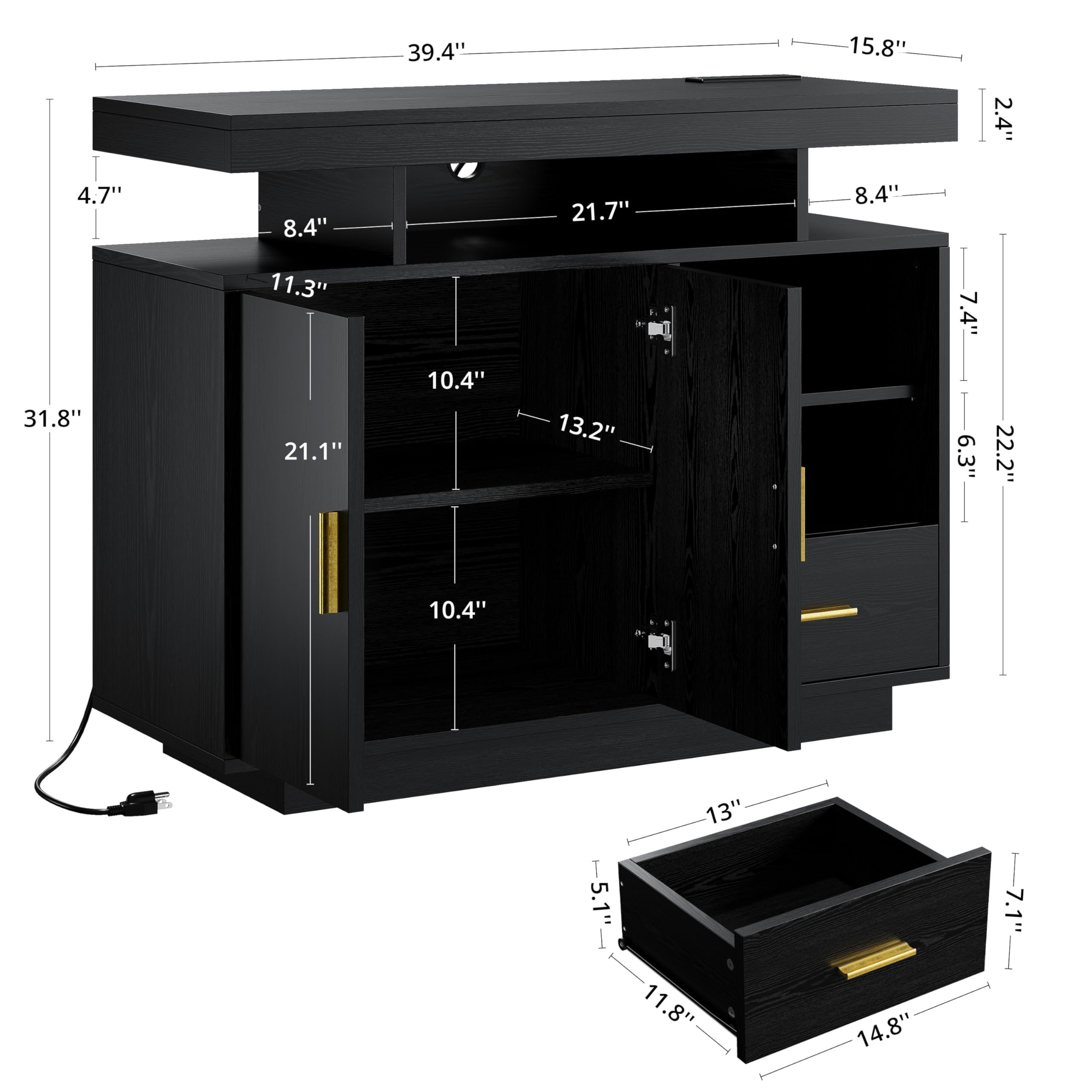 IRONCK Buffet Cabinet, Sideboard Cabinet with Power Outlet and LED Light, Modern Storage Cabinet with Drawer, Coffee Bar Cabinet with Doors and Shelves for Kitchen, Black