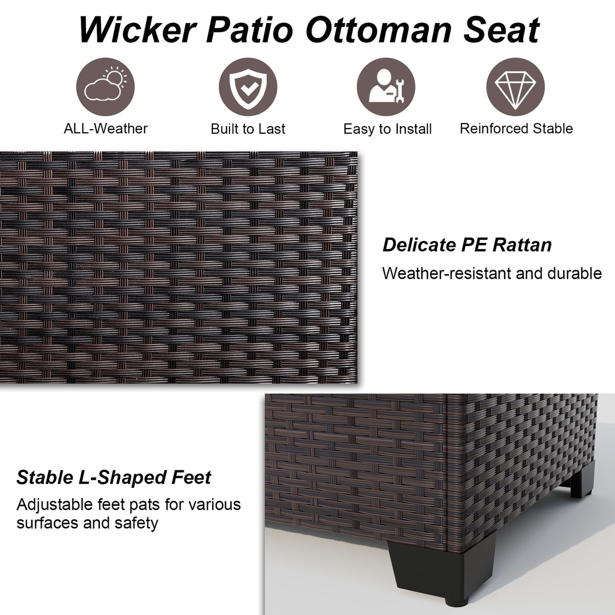 Grey Wicker Patio Ottomans, Set of 2