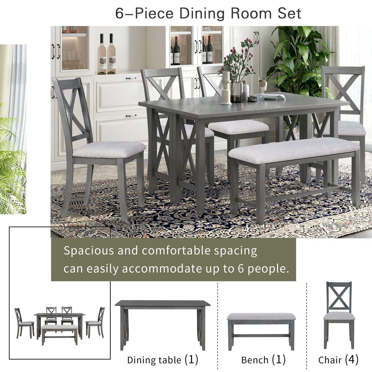 6-Piece Folding Dining Set with Bench