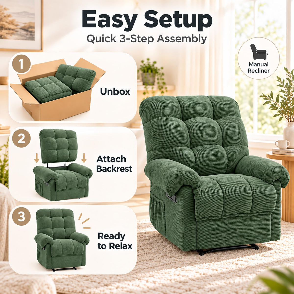 Recliner Chairs for Adults, Ergonomic Indoor Lounge Chairs (Army Green)