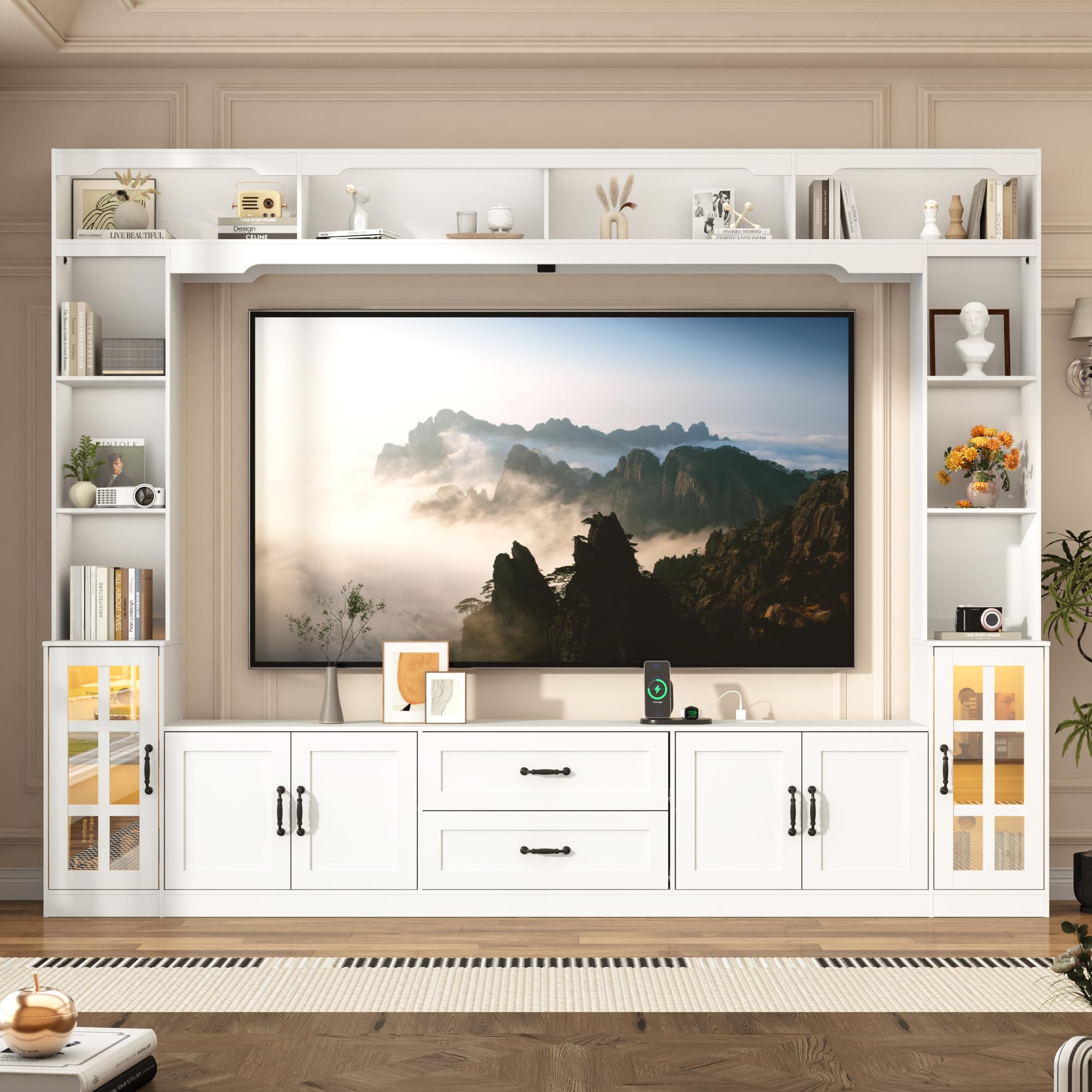 chartustriable 106" Large Wall Unit TV Stand Set w/Bookshelves for 80 90 Inch TV, Entertainment Center w/Open Shelves, Drawers, White Wall Units for Living Room w/Storage,Adjustable Shelves Cabine