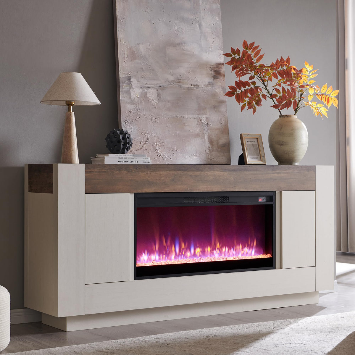 OKD 70" Fireplace TV Stand for 80" TV, Thick Block Media Console, White