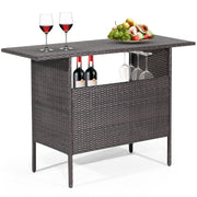 Outdoor Wicker Bar Table with Mesh Shelves & Stemware Rack