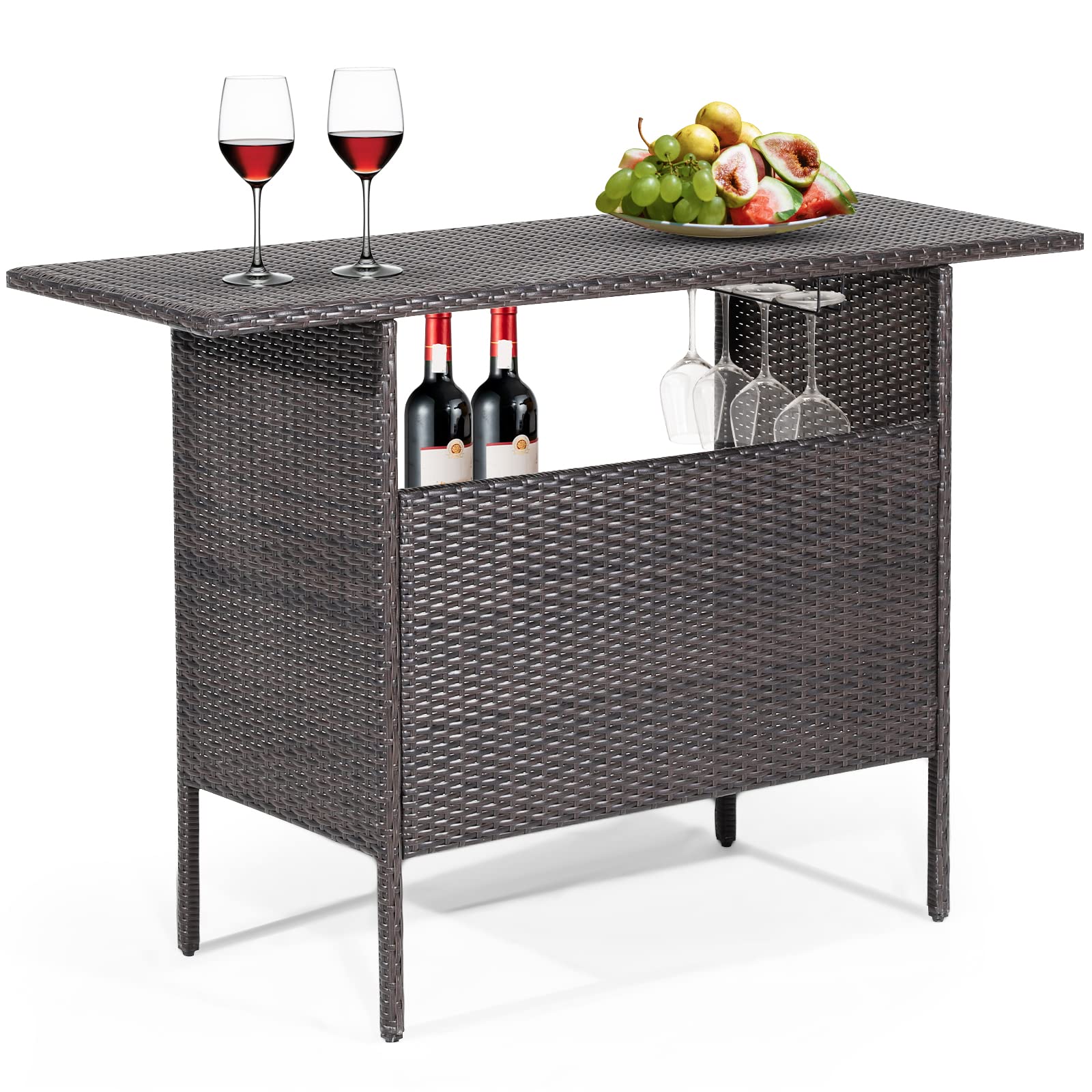 Tangkula Outdoor Wicker Bar Table, Patiojoy All Weather Patio Bar Height Table with 2 Metal Mesh Shelves & 2-Rail Steel Stemware Racks, Rattan Bar Counter Table for Backyard, Poolside (Mix Brown)