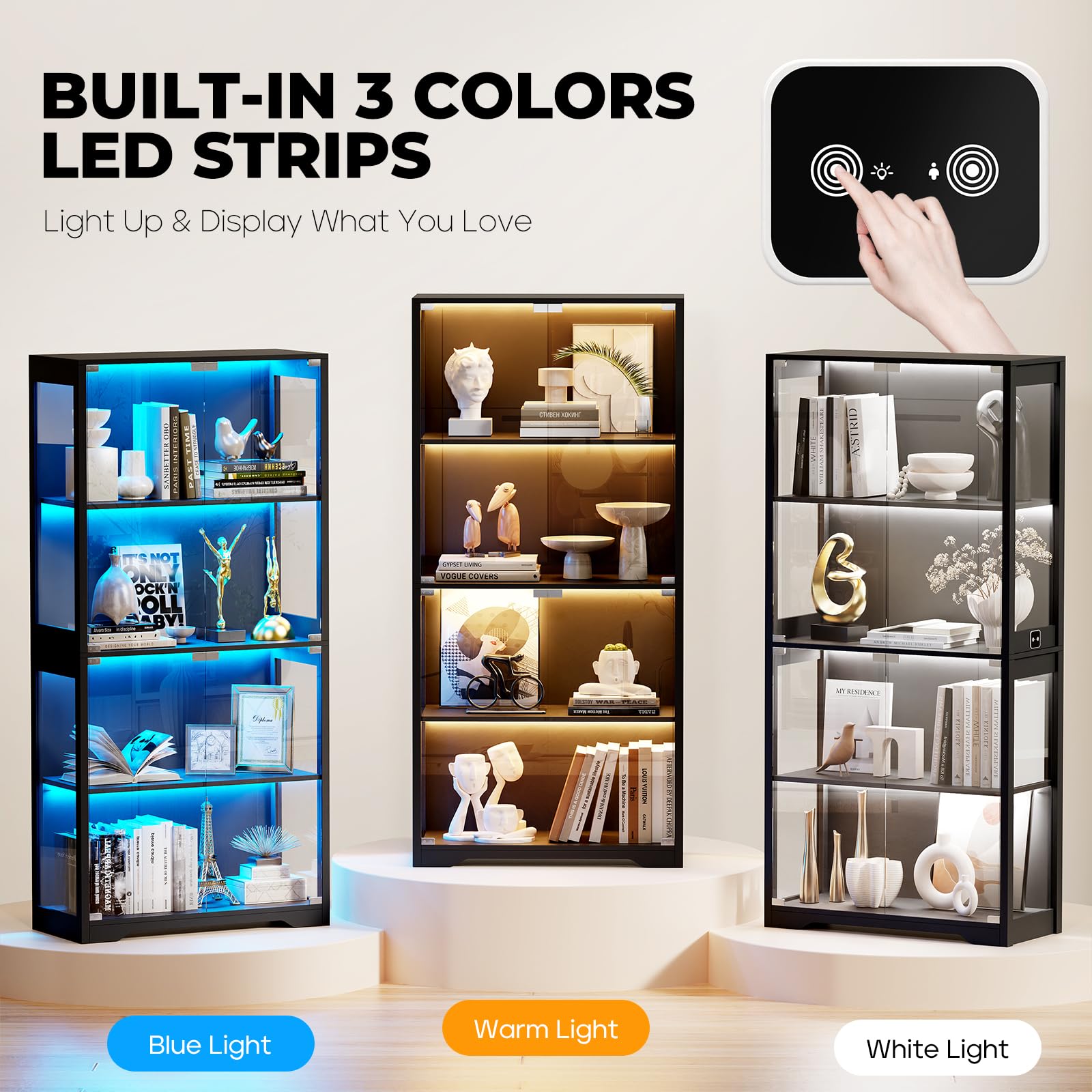 4-Tier Glass Display Cabinet with LED Lights