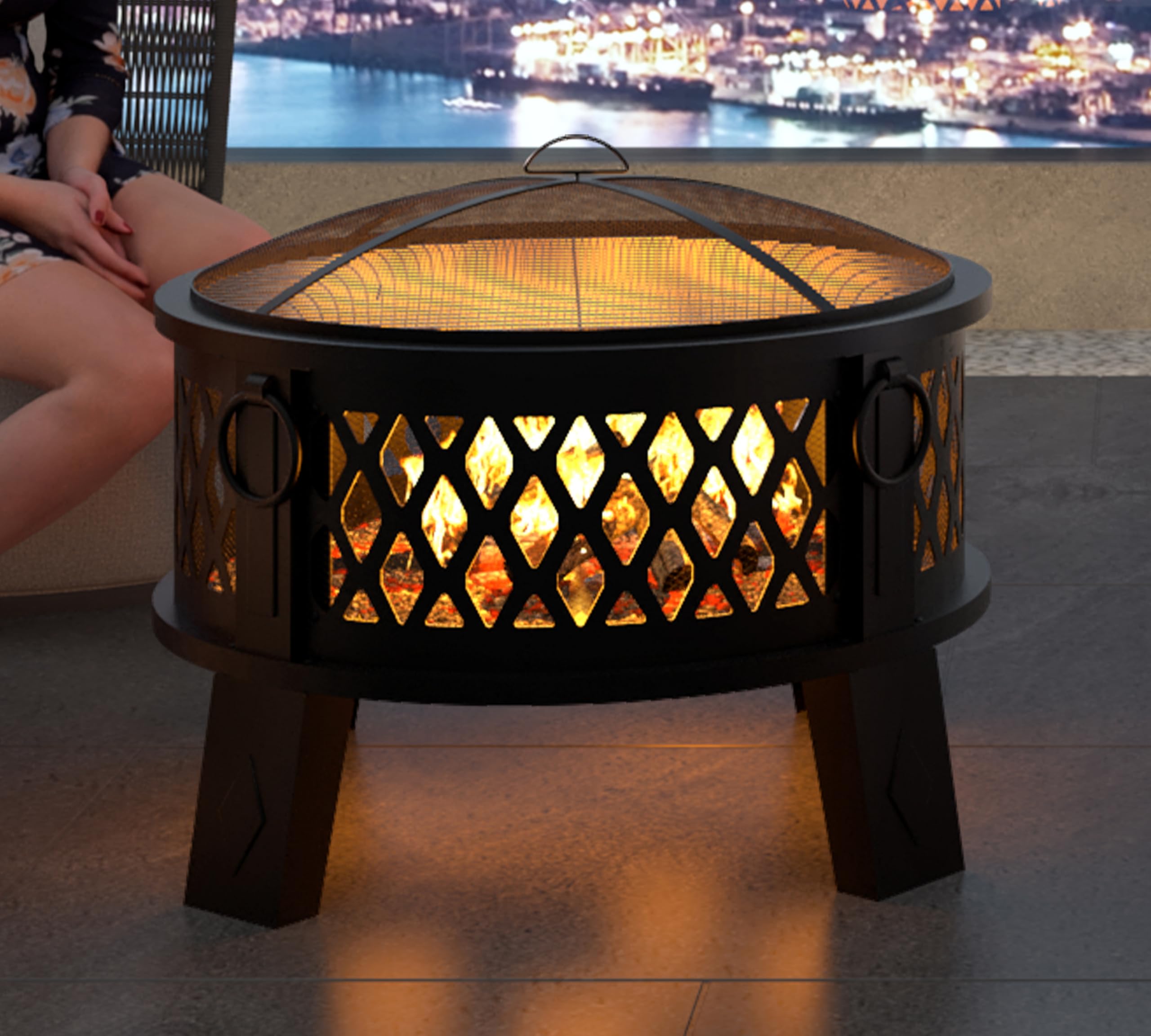 26" Round Steel Fire Pit with Grill & Diamond Mesh