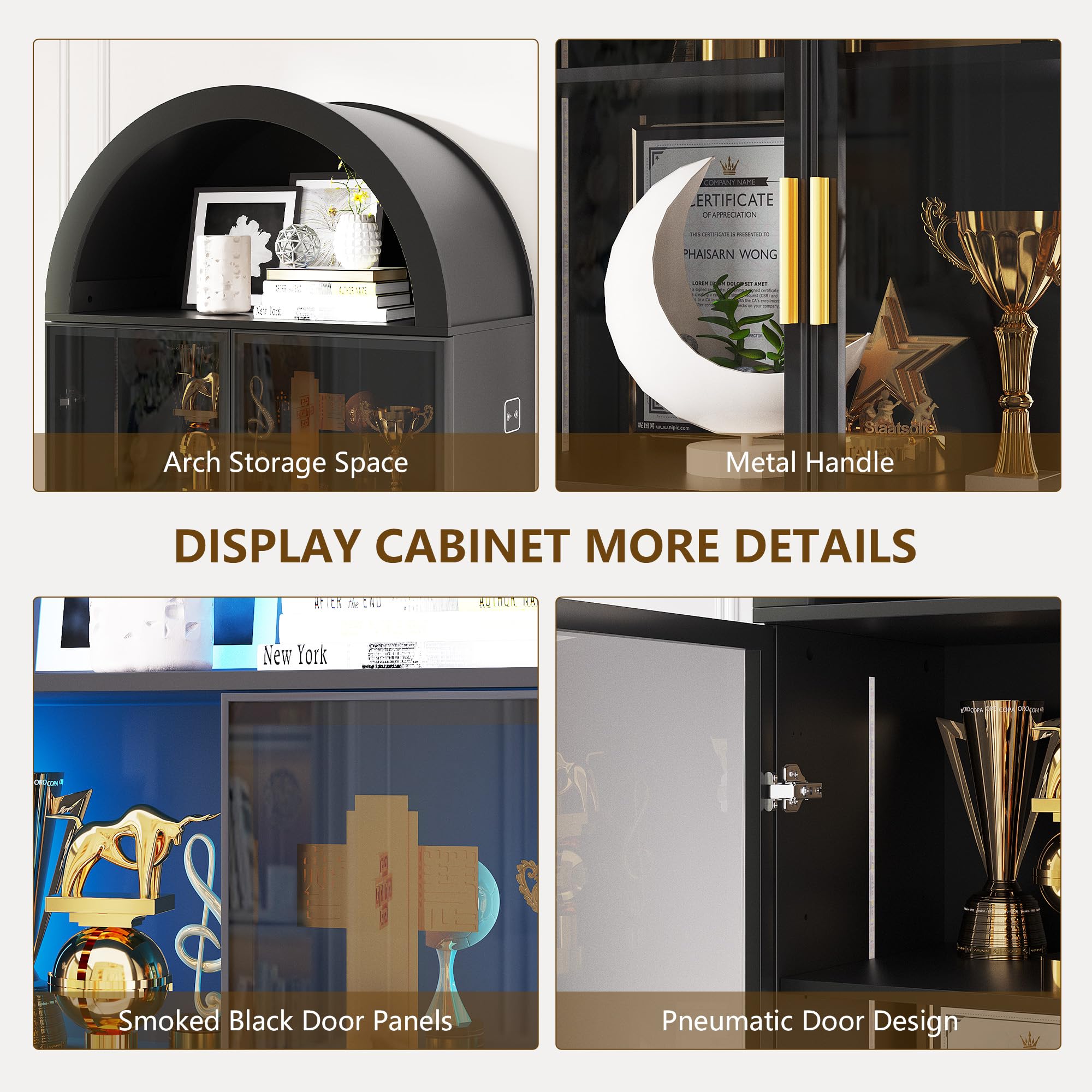 Arched Display Cabinet with LED Lights, 6-Tier Curio Cabinet with Adjustable Shelves