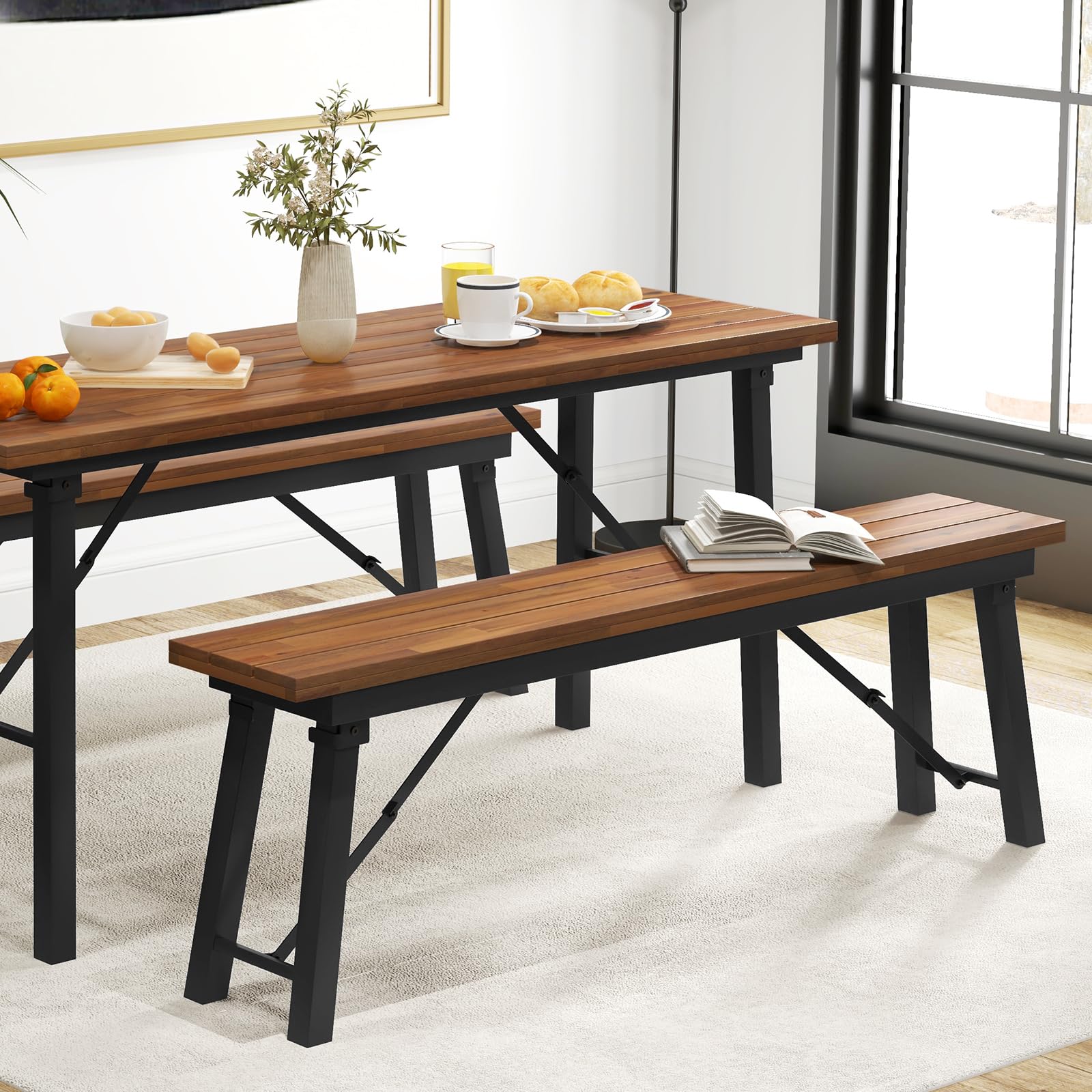 Folding Acacia Wood Outdoor Bench, Set of 2
