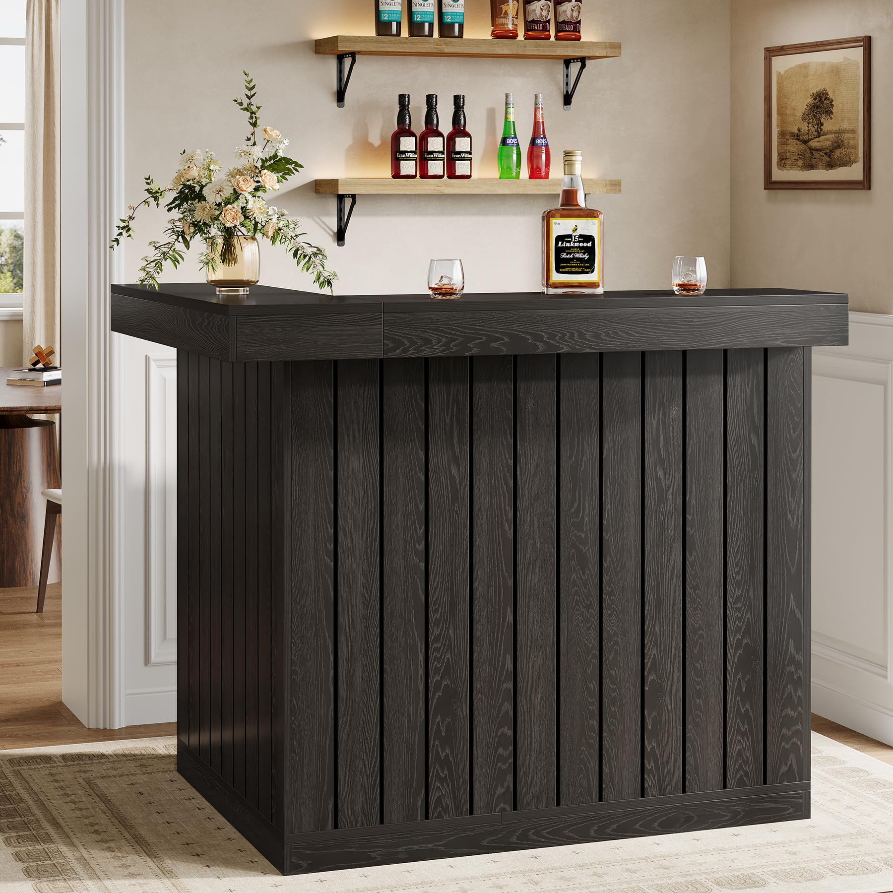 Tribesigns L Shaped Bar Table, 4-Tier Home Bar Unit with Wine Glasses Holders, Farmhouse Counter Height Pub Table with Storage Shelves, Corner Wine Table for Basement, Living Room (2, Black)