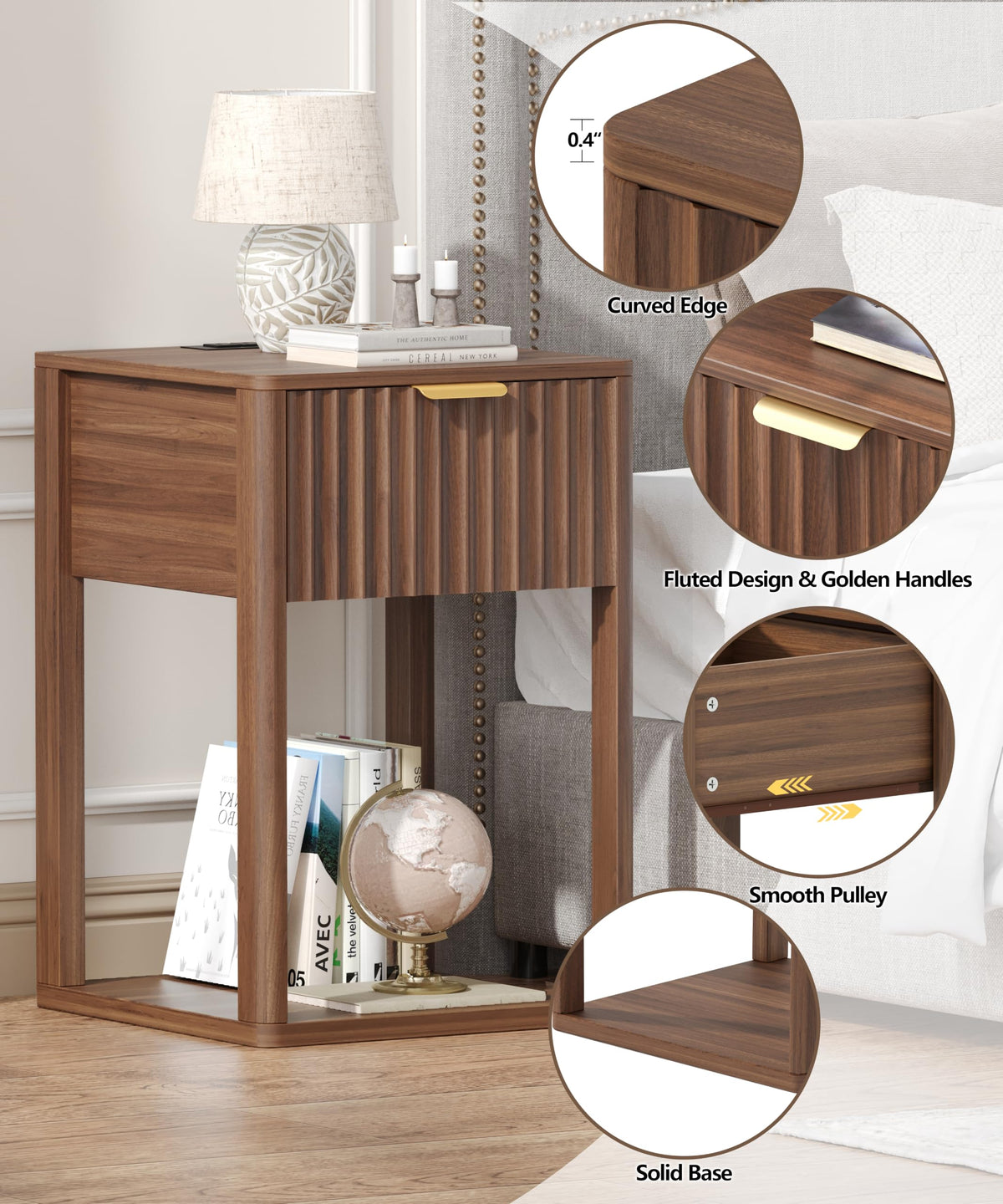 Akxomel Nightstand Set 2 with Charging Station Fluted Bedside Table Walnut