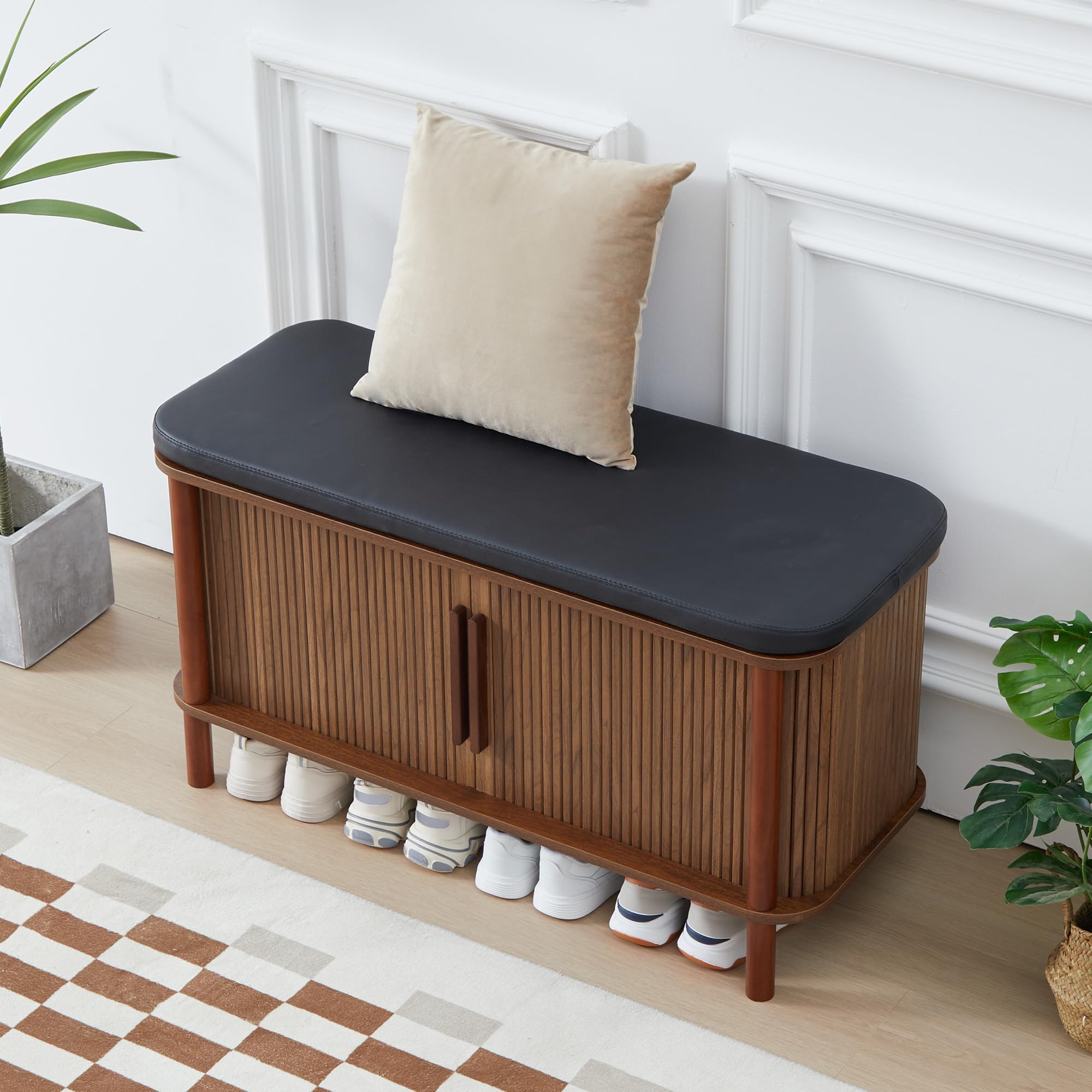 Shoe Bench with Sliding Door & Leather Cushion