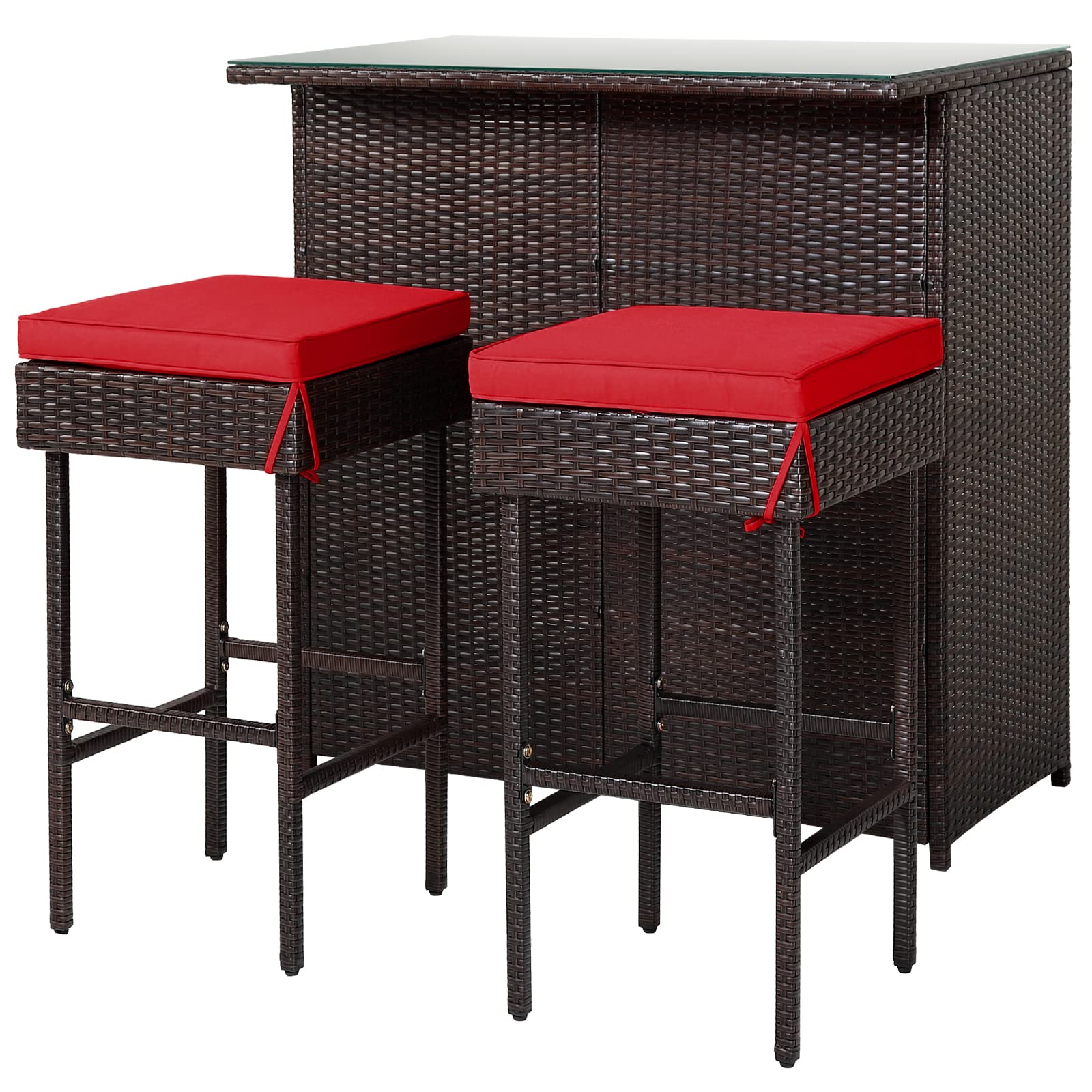 DORTALA 3 Pieces Rattan Patio Bar Table & Stool Set, Patio Furniture Set with Cushion for Lawn Pool Backyard Front Porch, Red