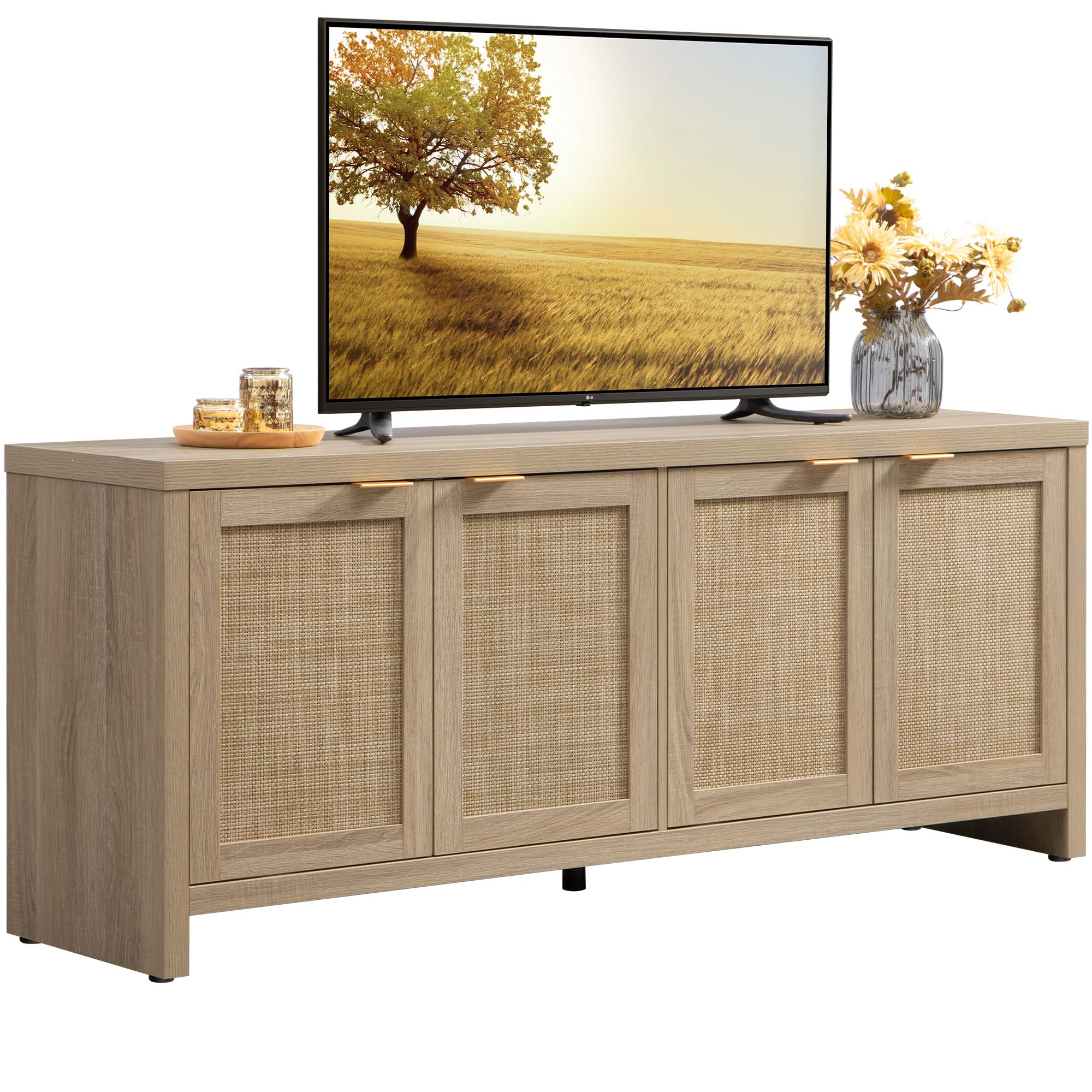 SICOTAS TV Stand for Living Room Boho Entertainment Center for Bedroom with 4 Rattan Cabinets Farmhouse Television Stands with Storage Large Media Console Table for TVs up to 65 Inch