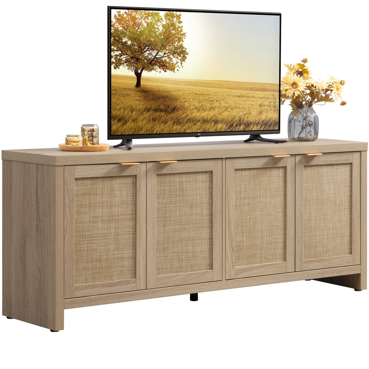 SICOTAS TV Stand for Living Room Boho Entertainment Center for Bedroom with 4 Rattan Cabinets Farmhouse Television Stands with Storage Large Media Console Table for TVs up to 65 Inch