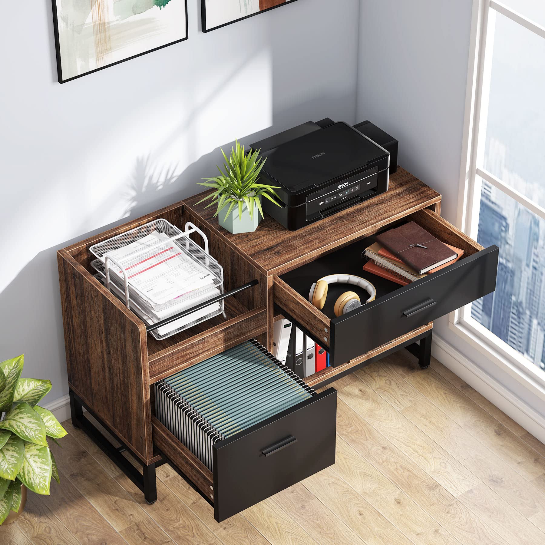 Lateral Filing Cabinet with 2 Drawers & Open Shelves