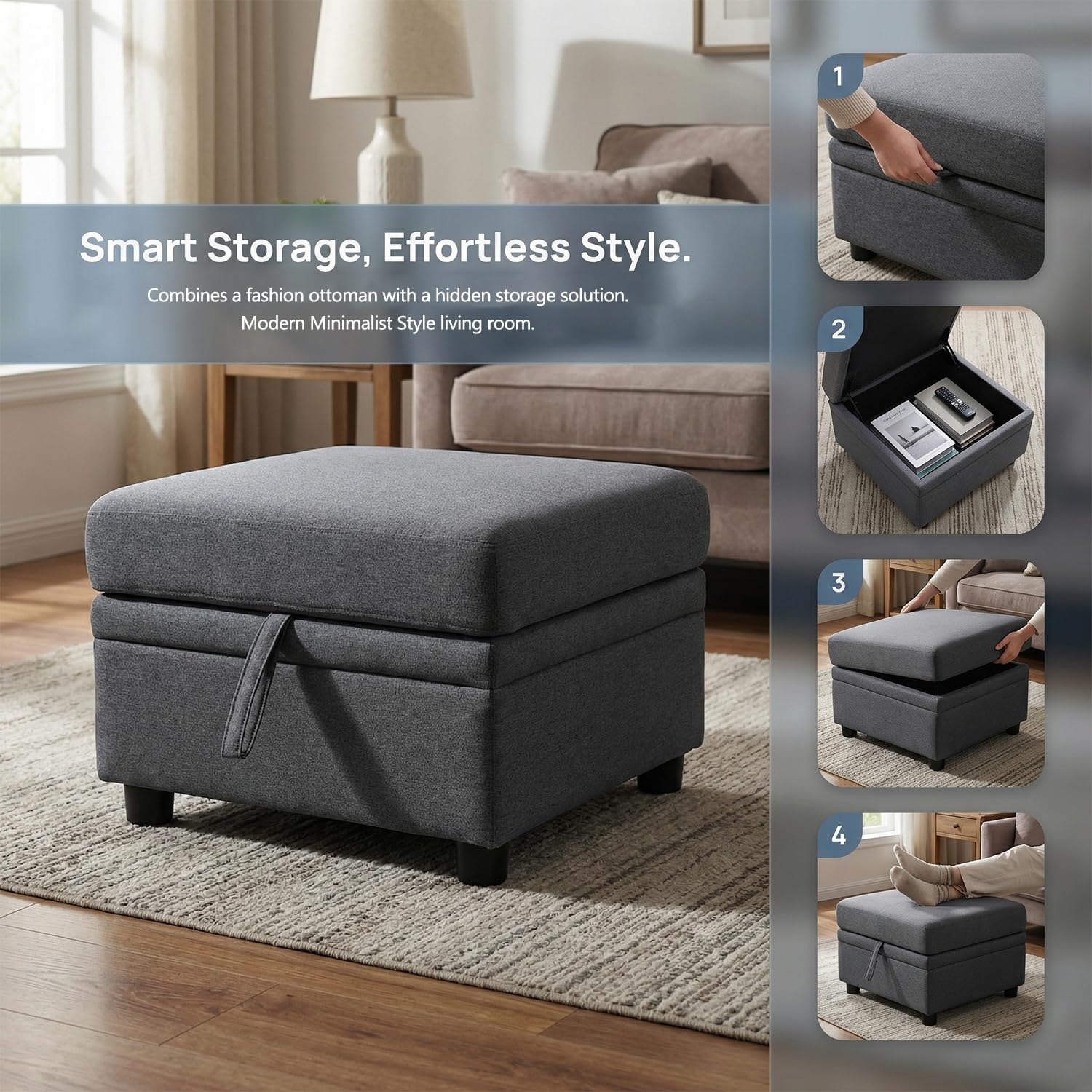 Snuptor Fabric Ottoman Bench with Storage,23 Inches Linen Large Square Storage Chest,Coffee Table,Foot Rest Stool Ottoman for Living Room,Apartment,Entryway,Grey