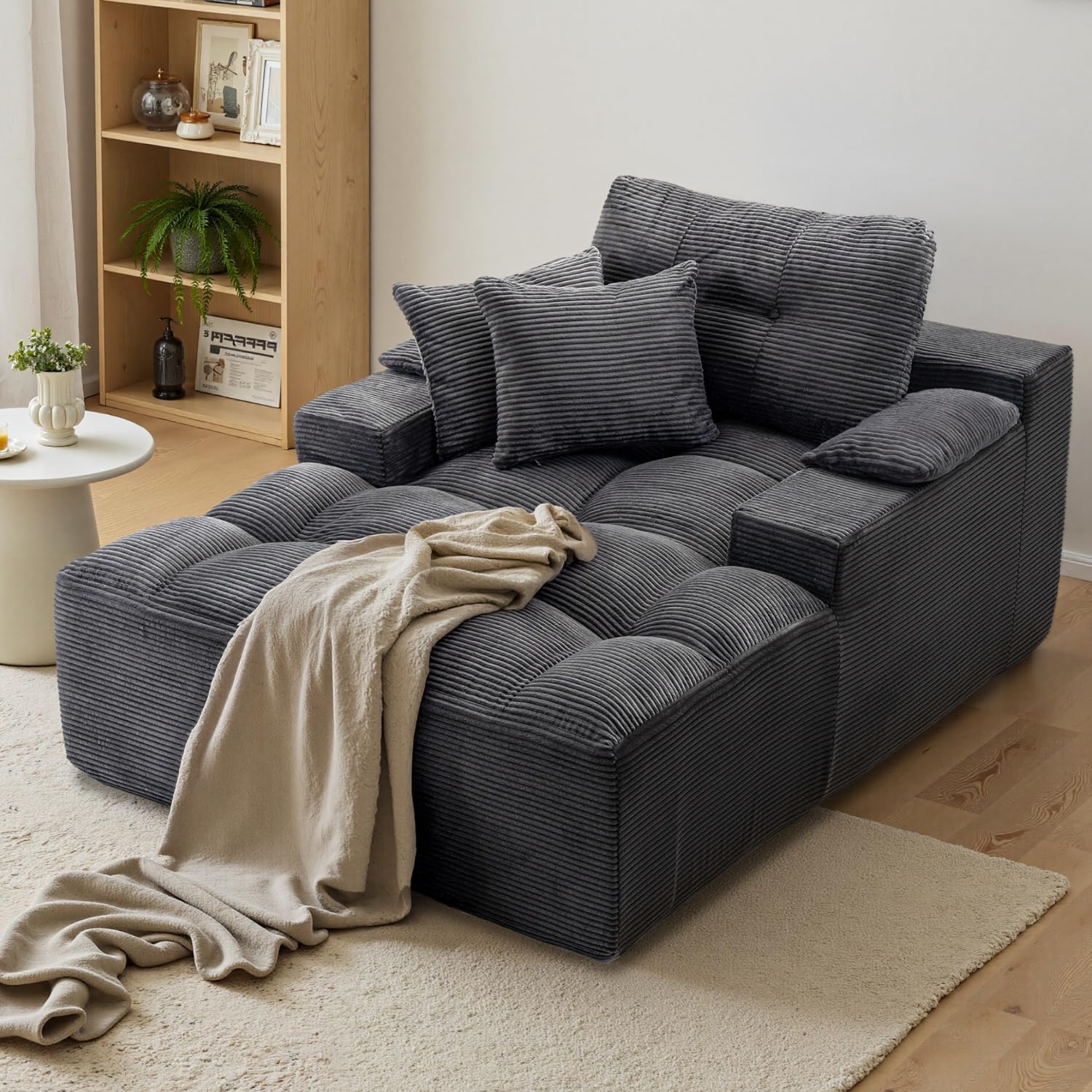 spanspace Oversized Chaise Lounge Chair Indoor, Plush Sleeper Sofa Couch Reading Chairs with Throw Pillows and Removable Armrest Pads for Living Room, No Assembly Required