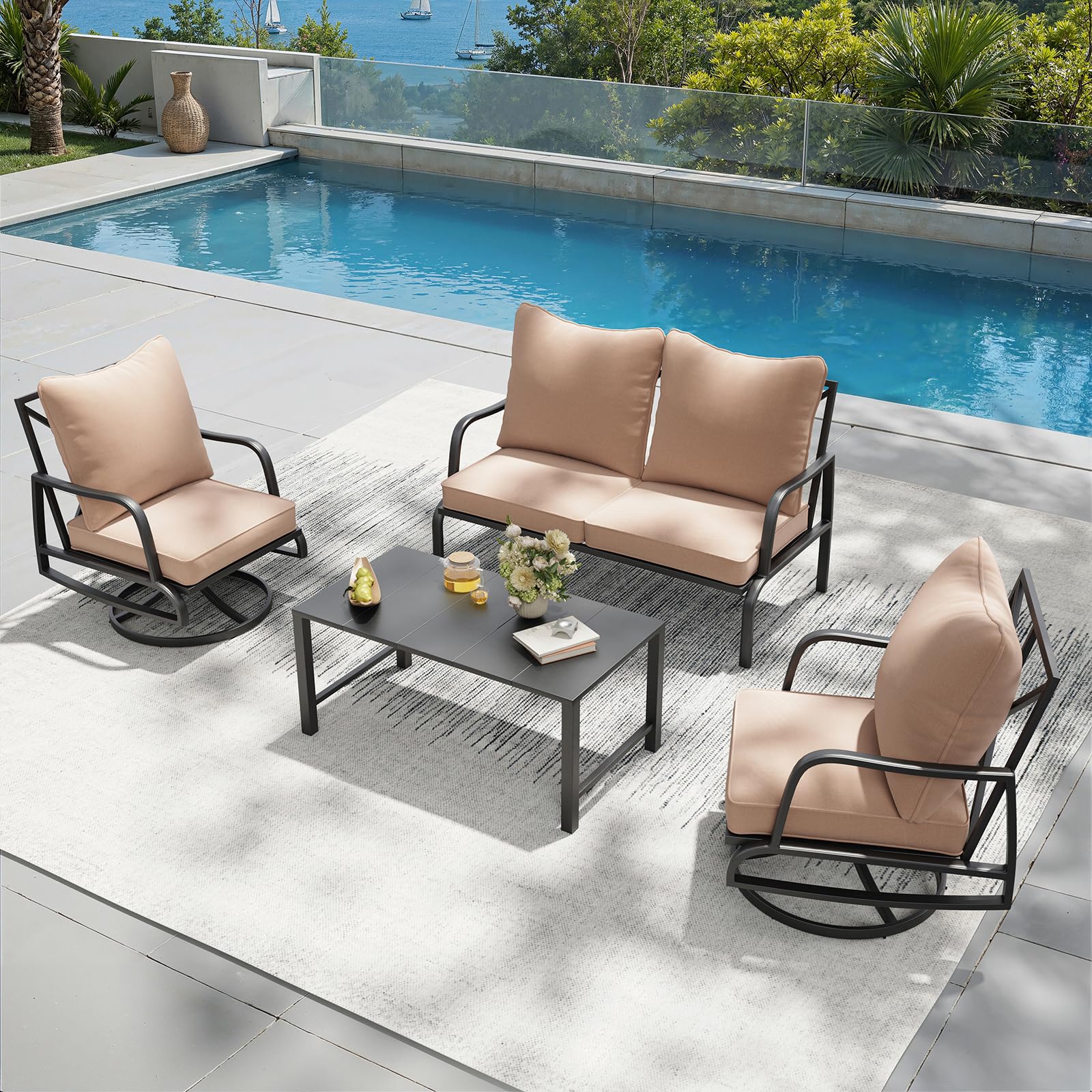 Outdoor Patio Conversation Set with Swivel Chairs & Coffee Table