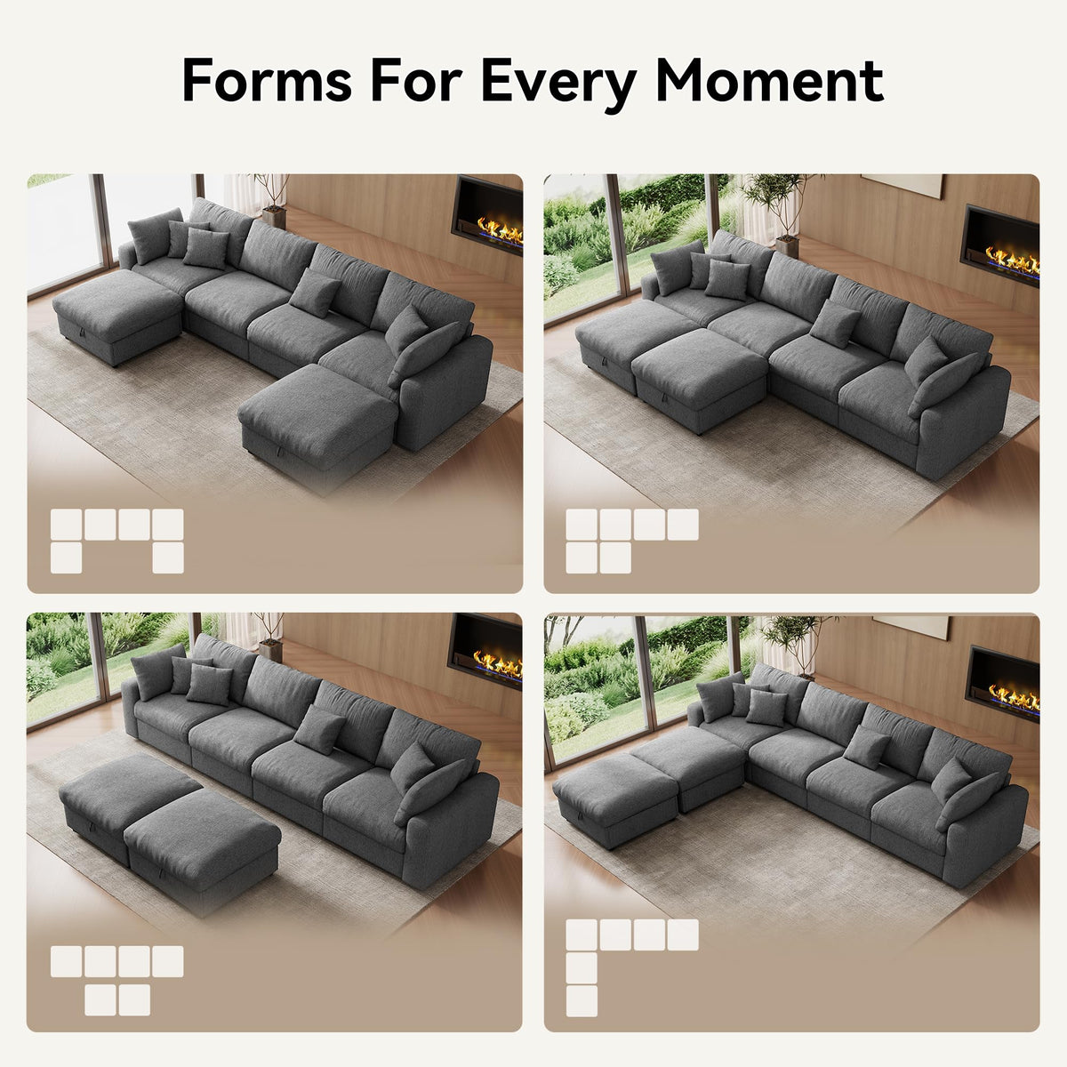 WorthFurni 140” Oversized Cloud Sectional Couches for Living Room, Modern Modular Sectional Sofa with Deep Seat, Convertible U Shape Couch with Storage Ottoman for Apartment, Chenille (Dark Gray)