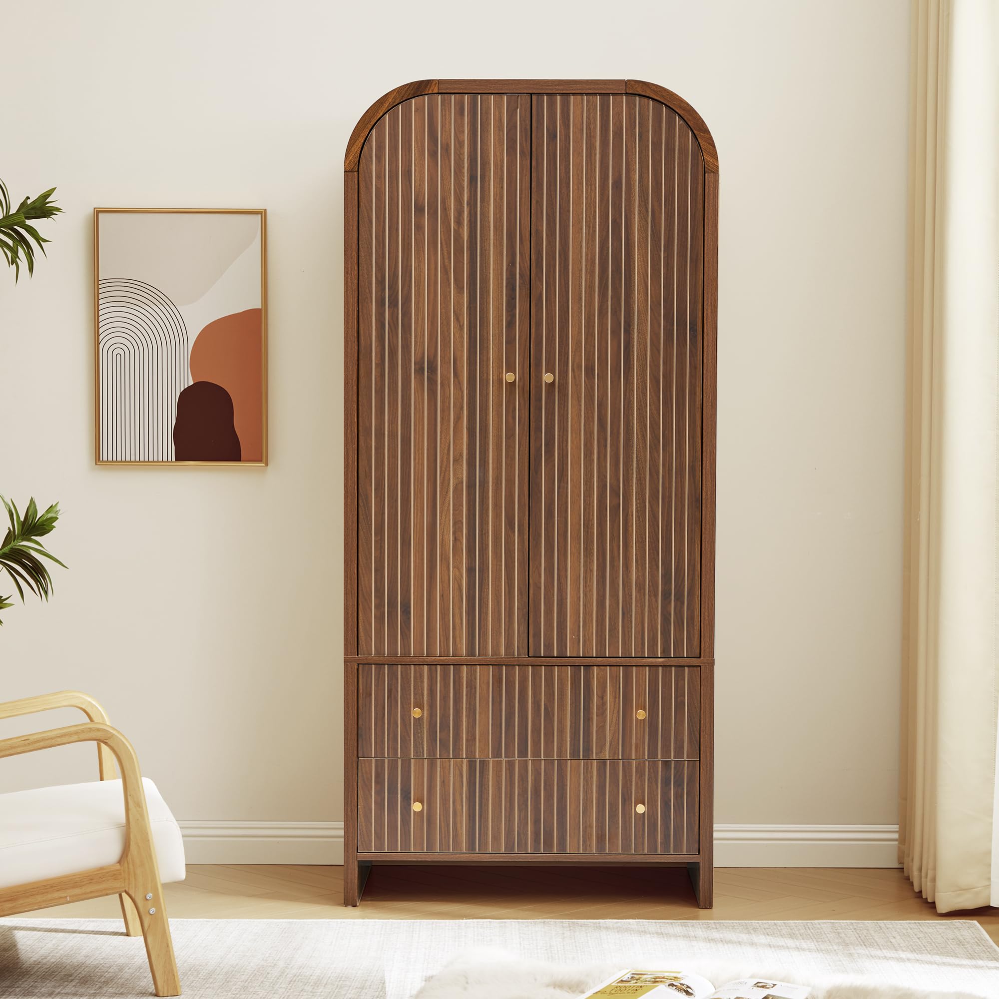 Arched Armoire Wardrobe Closet with Hanging Rod & 2 Drawers