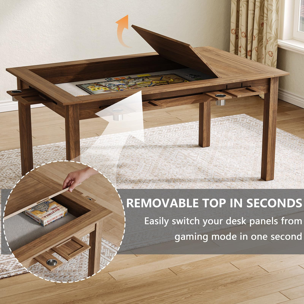 NDOHCUO Board Game Table with Removable Top,63" Dining/Gaming Table, Walnut