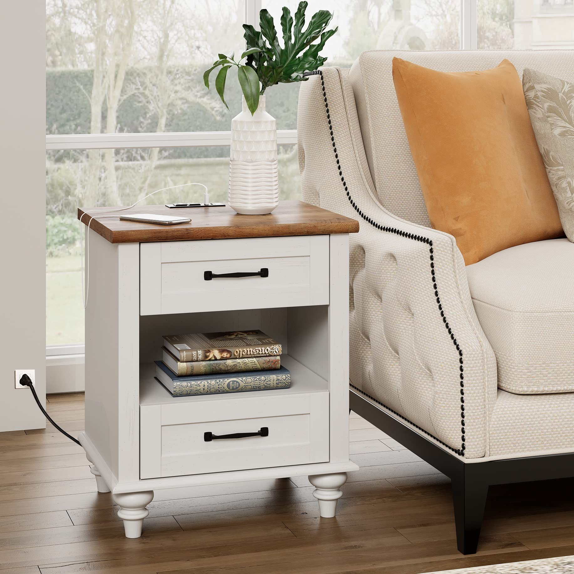 WAMPAT Set of 2 Nightstands with Charging Station Side Table with Two Drawers & Open Shelf, Mid-Century Modern Bedside Tables End Table with Solid Wood Legs, White Night Stand for Bedroom, Living Room