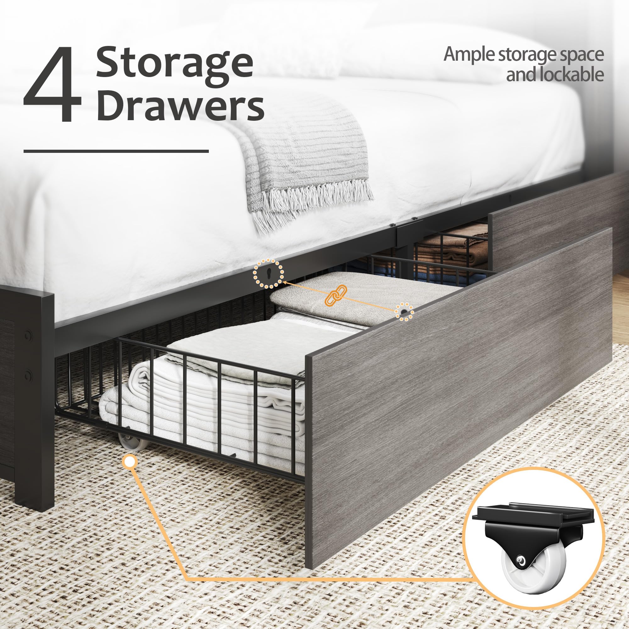 Rustic Bed Frame with Storage Headboard, Drawers & LED