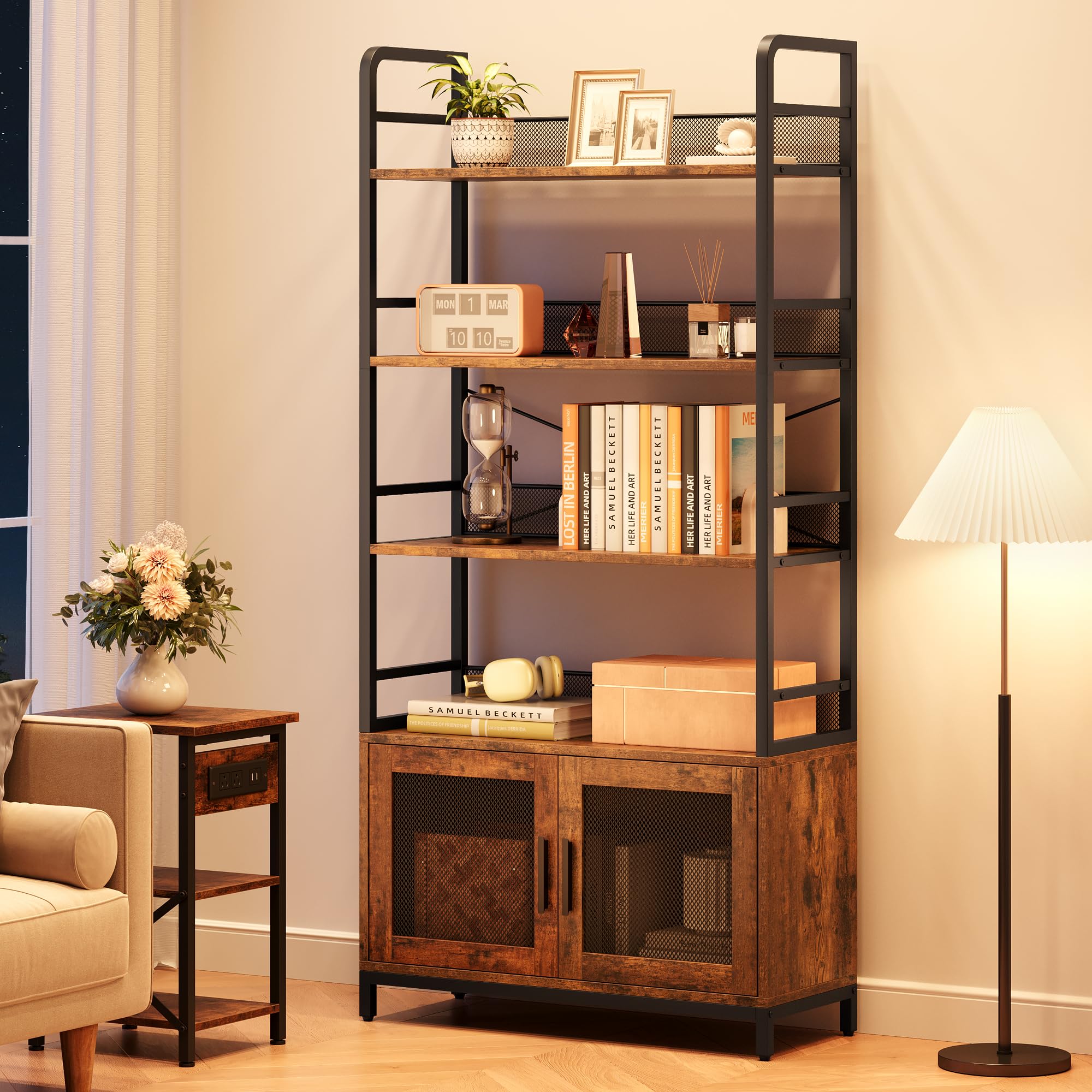 Industrial Bookshelf with Doors & 4 Open Shelves