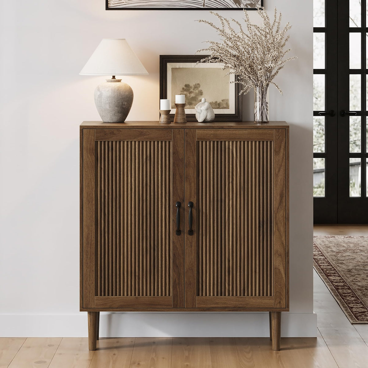 Algherohein Sideboard Cabinet with Adjustable Shelf, Freestanding Small Buffet with Storage, Wooden Console Cabinet with Gradien Fluted Doors for Living Room, Entryway, Console 31.5 in (Walnut)