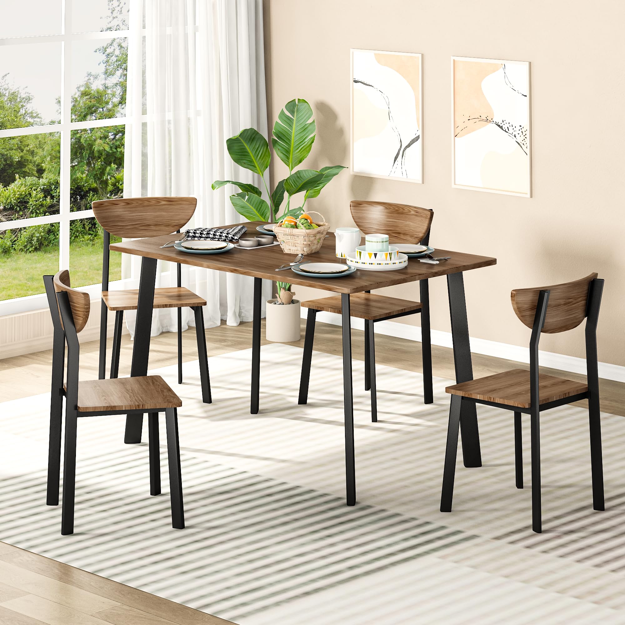 AWQM Dining Table Set for 4, Wood Kitchen Table and Chairs,Curved Backrest Kitchen & Dining Room Tables, Dinette Set for Small Space, Dining Room, Breakfast Nook, Apartment, Walnut